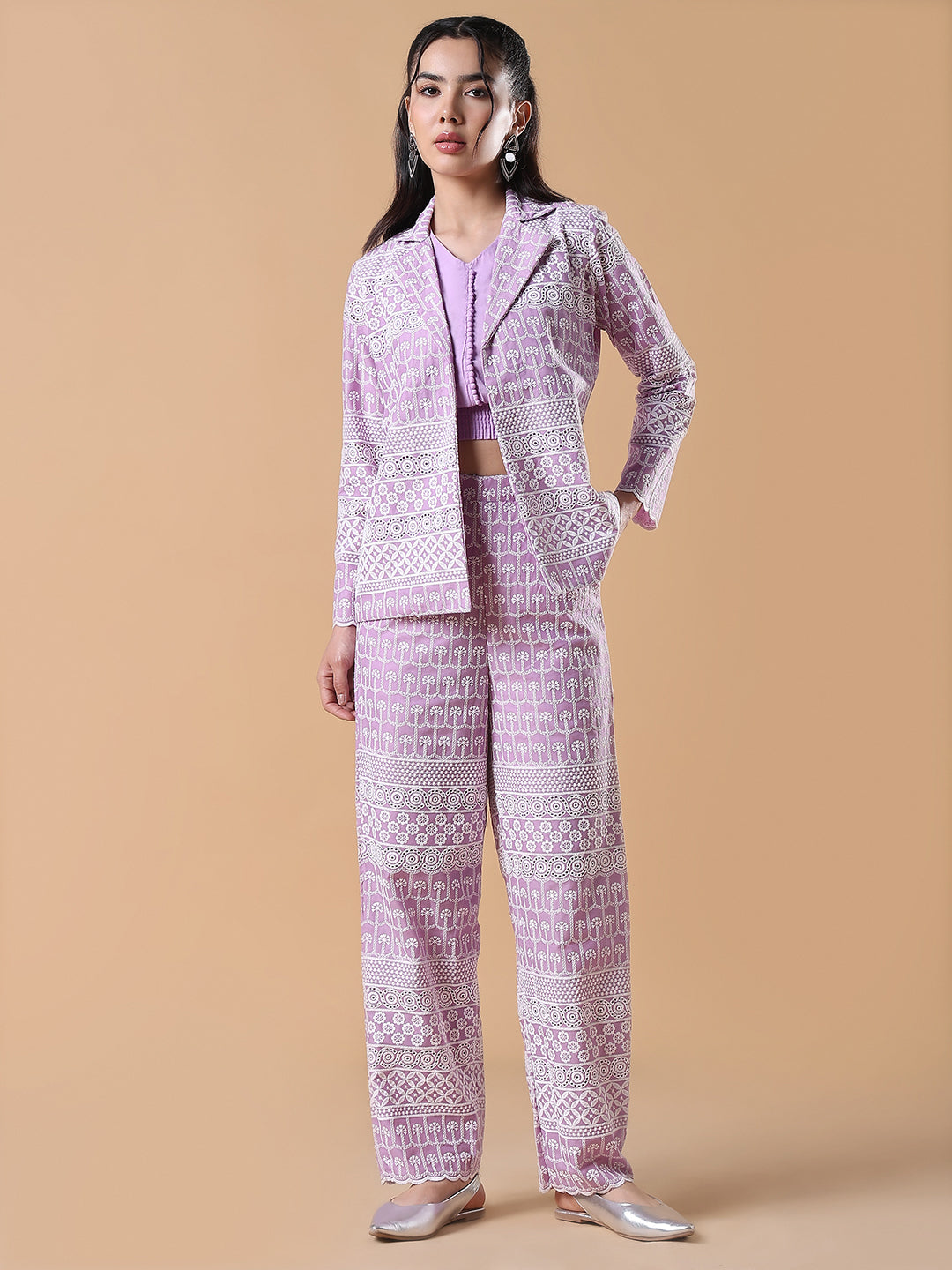 Women Lavender Embroidered Co-ords Set with Blazer