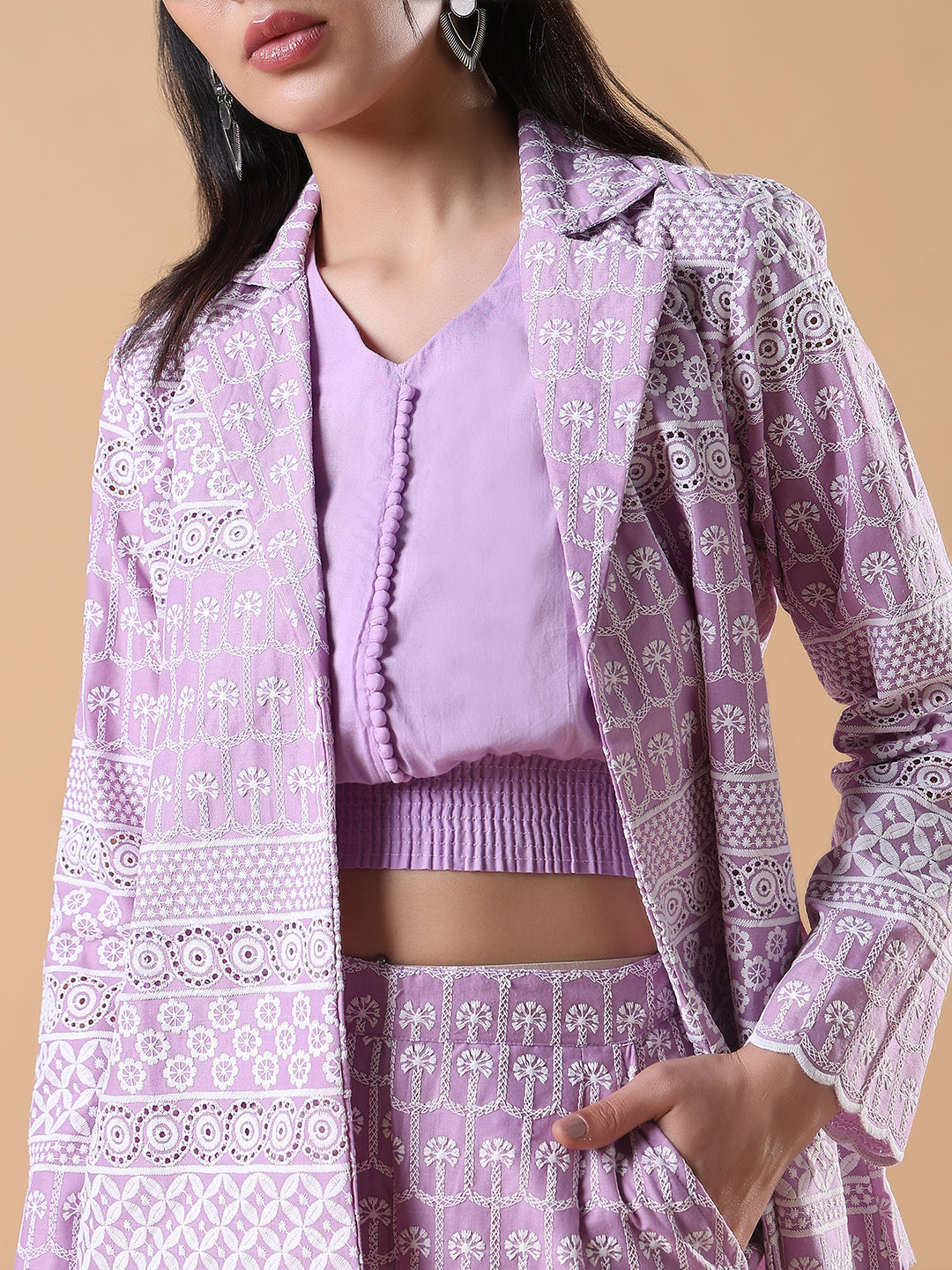 Women Lavender Embroidered Co-ords Set with Blazer