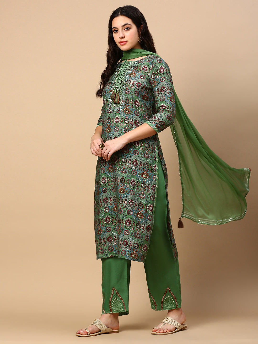 Women Graphic Green Straight Kurta Set with Dupatta