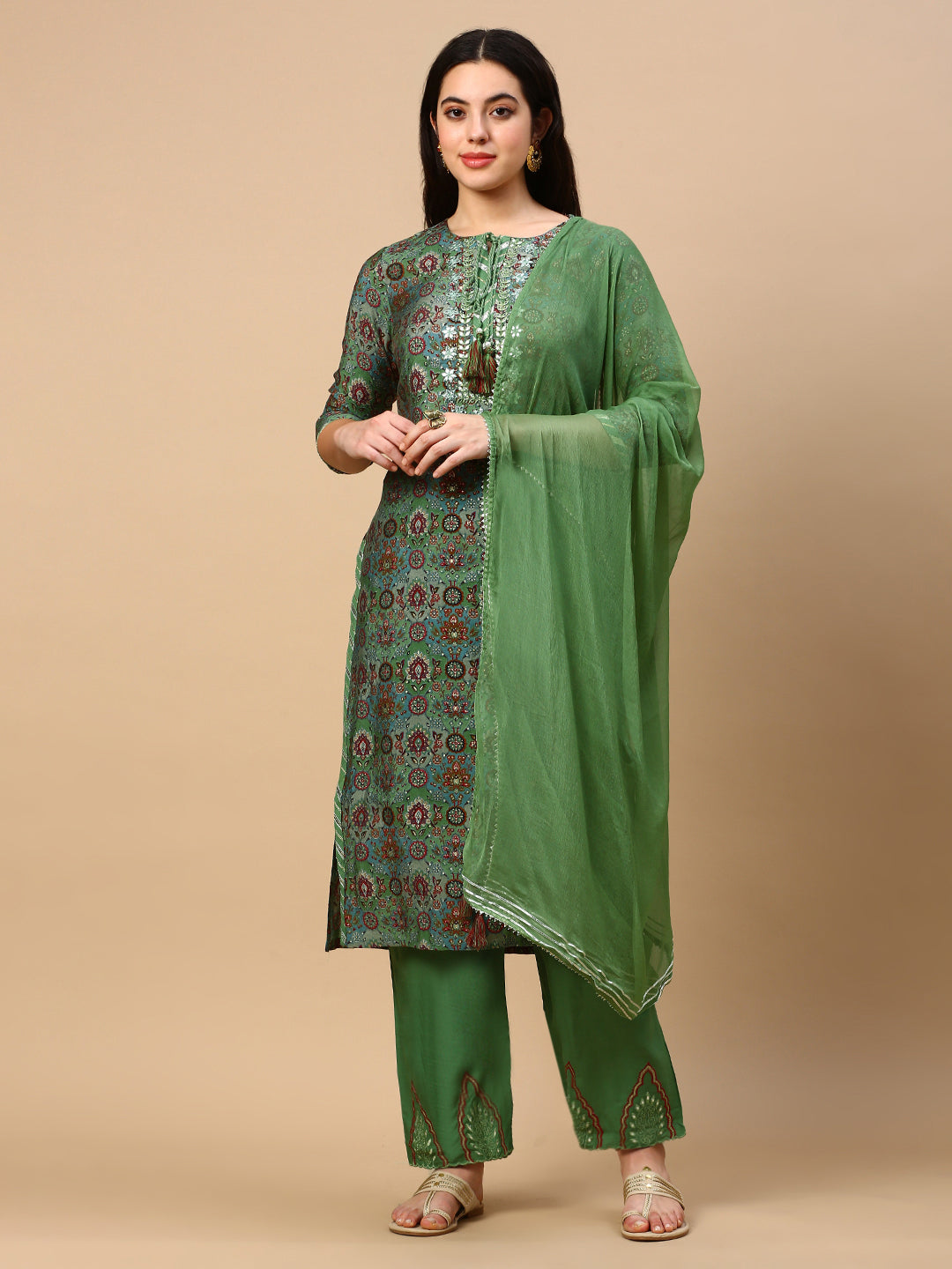 Women Graphic Green Straight Kurta Set with Dupatta