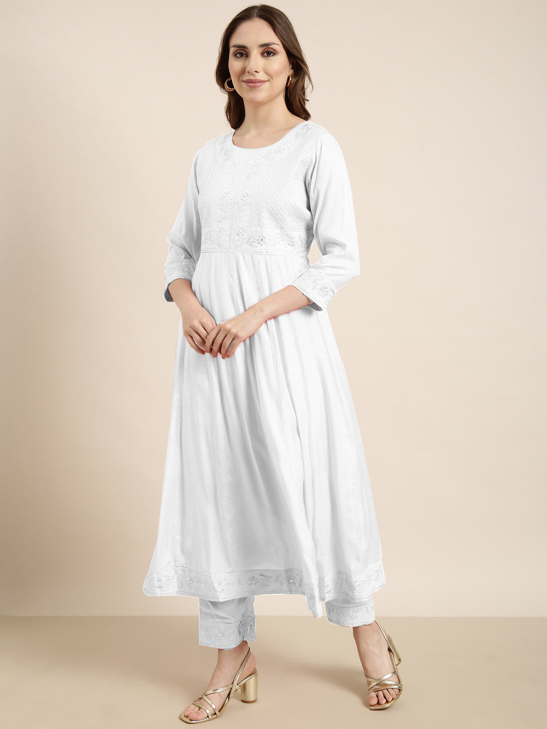 Women Solid White Anarkali Kurta Set with Dupatta