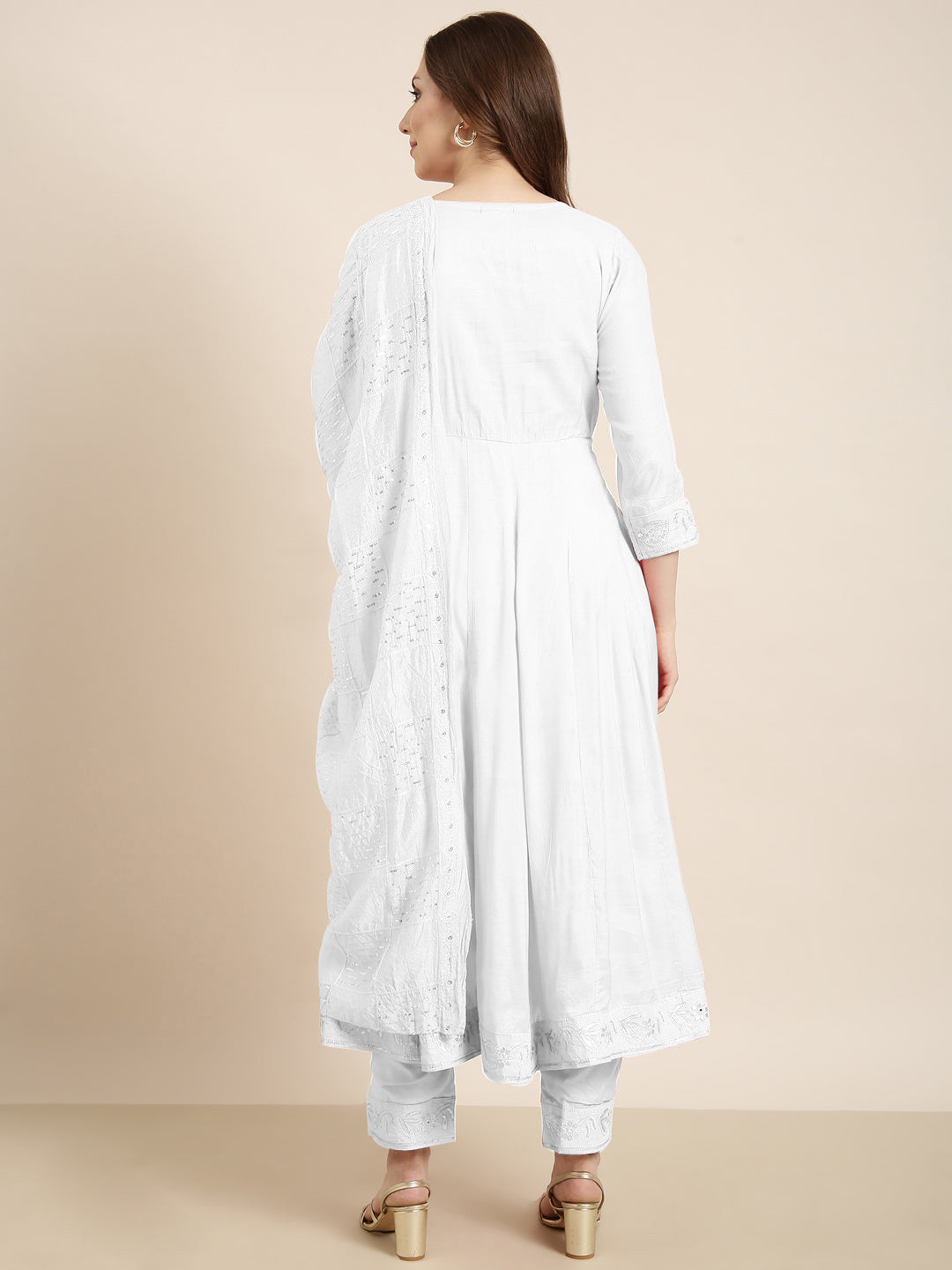 Women Solid White Anarkali Kurta Set with Dupatta