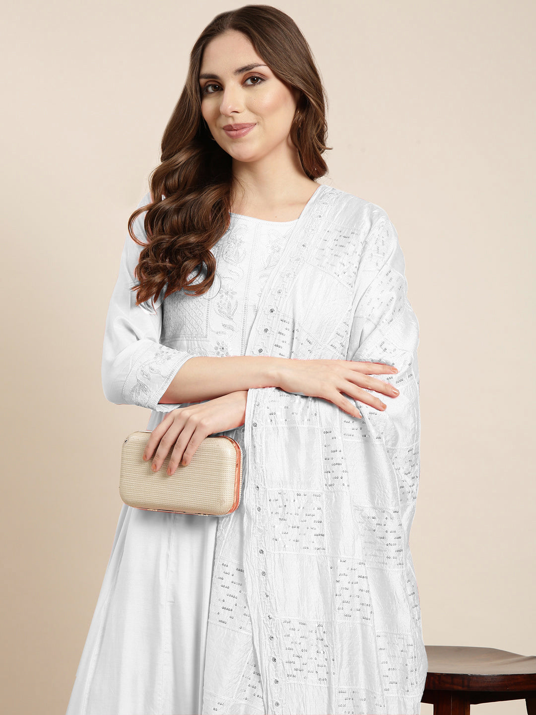 Women Solid White Anarkali Kurta Set with Dupatta