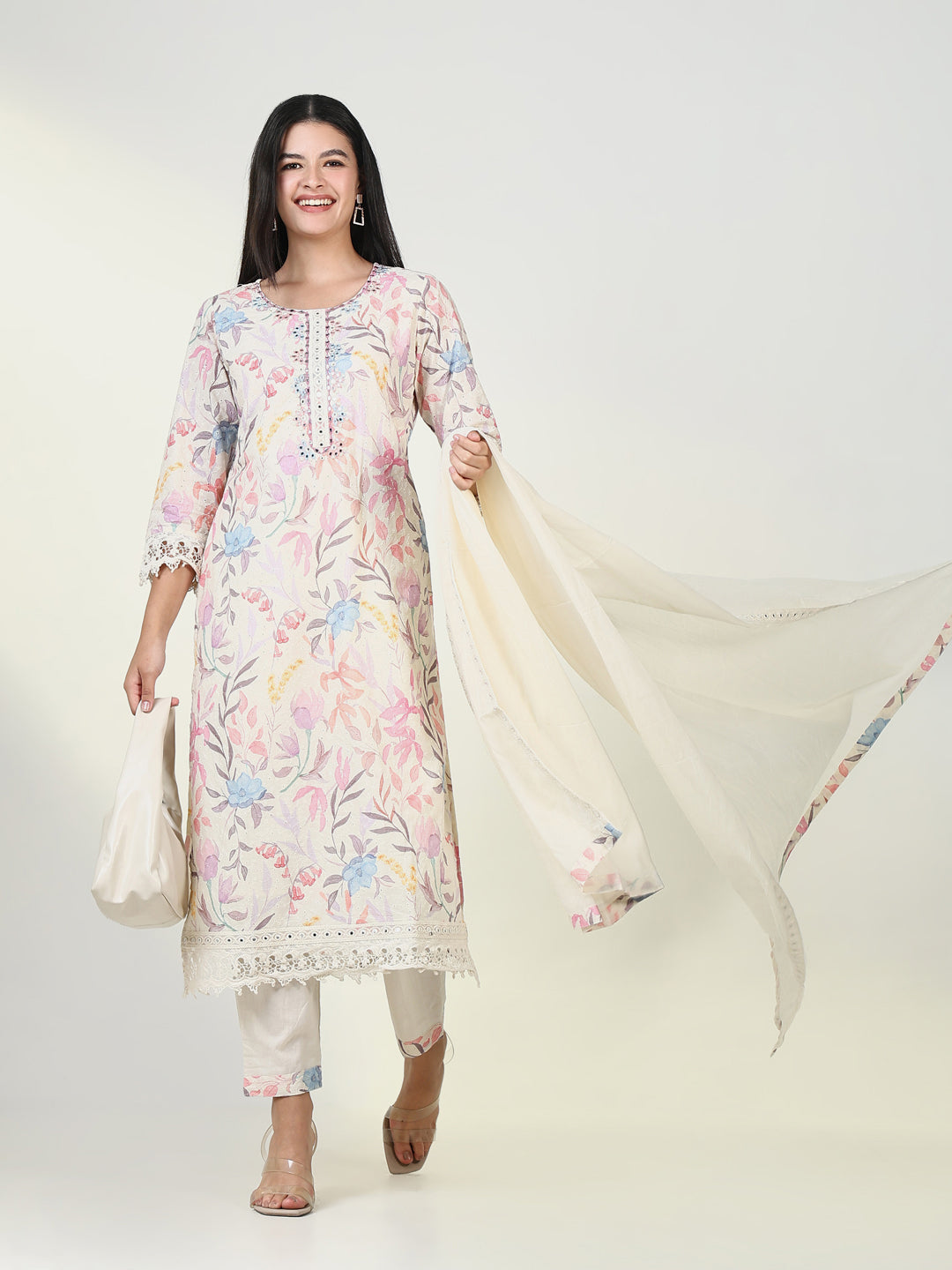 Women Floral Cream Kurta Set with Dupatta