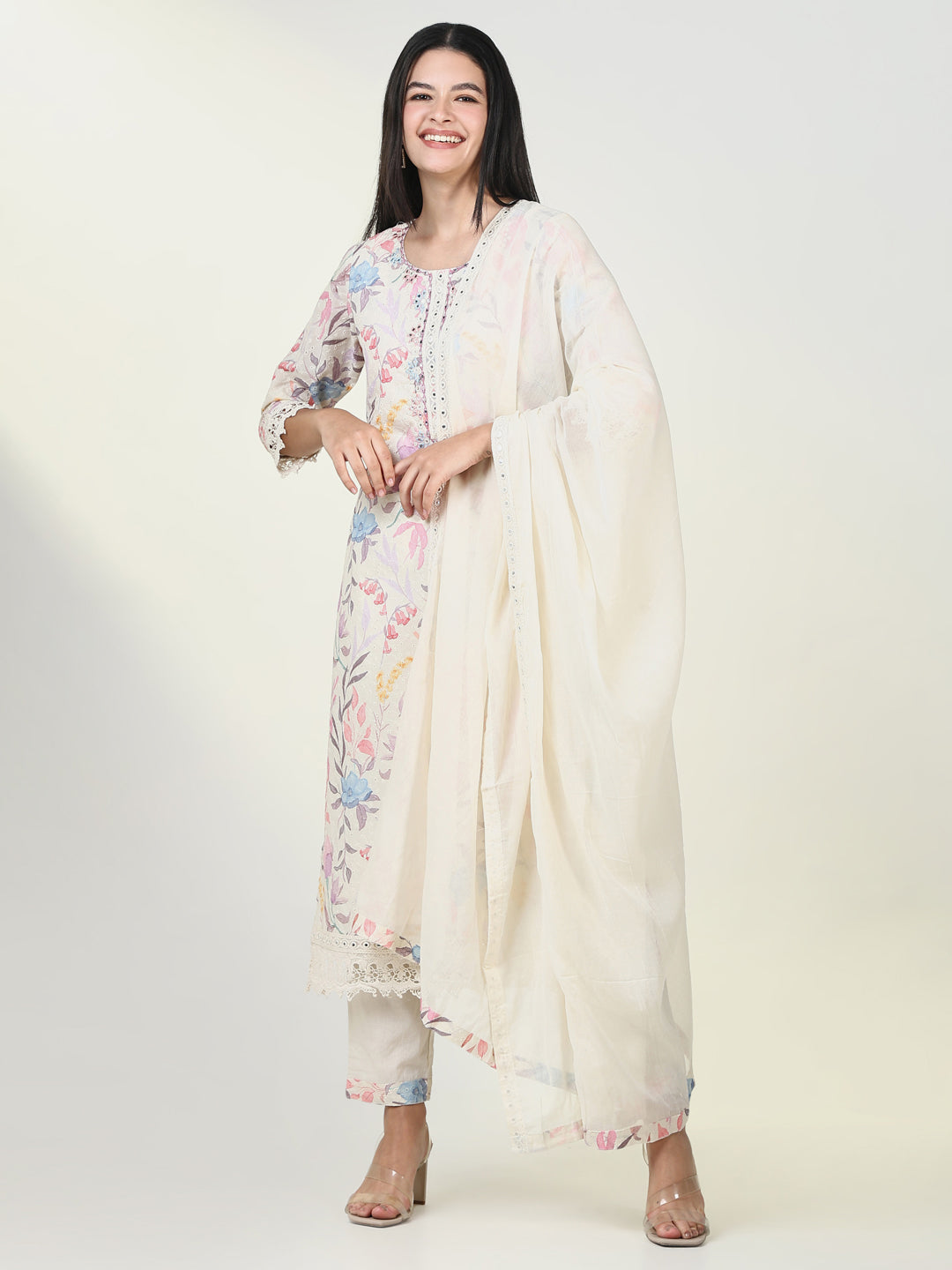 Women Floral Cream Kurta Set with Dupatta