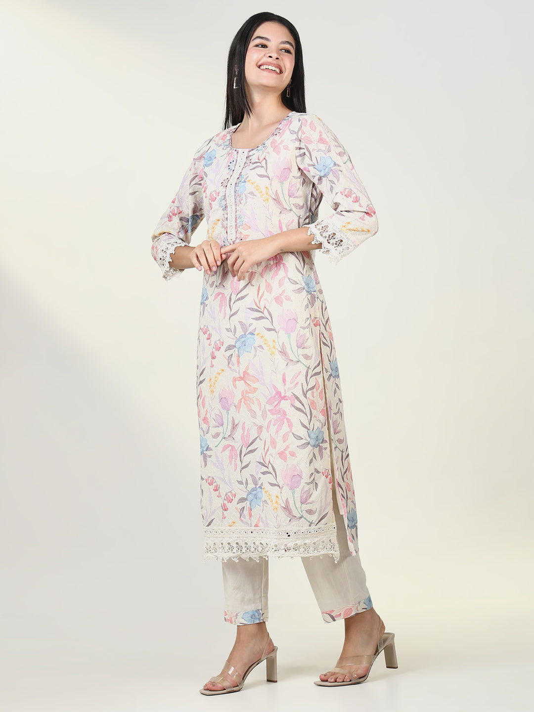 Women Floral Cream Kurta Set with Dupatta