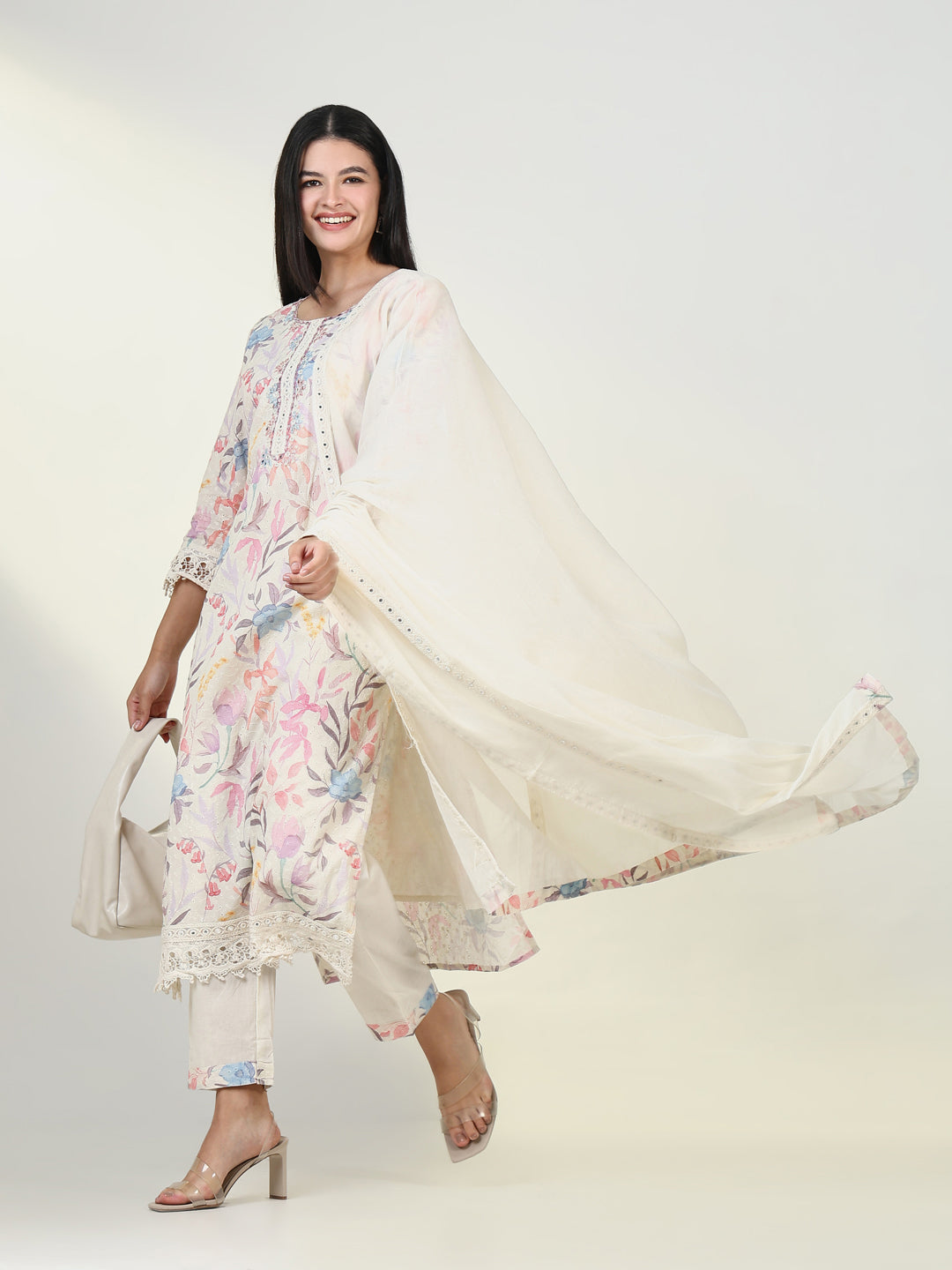 Women Floral Cream Kurta Set with Dupatta