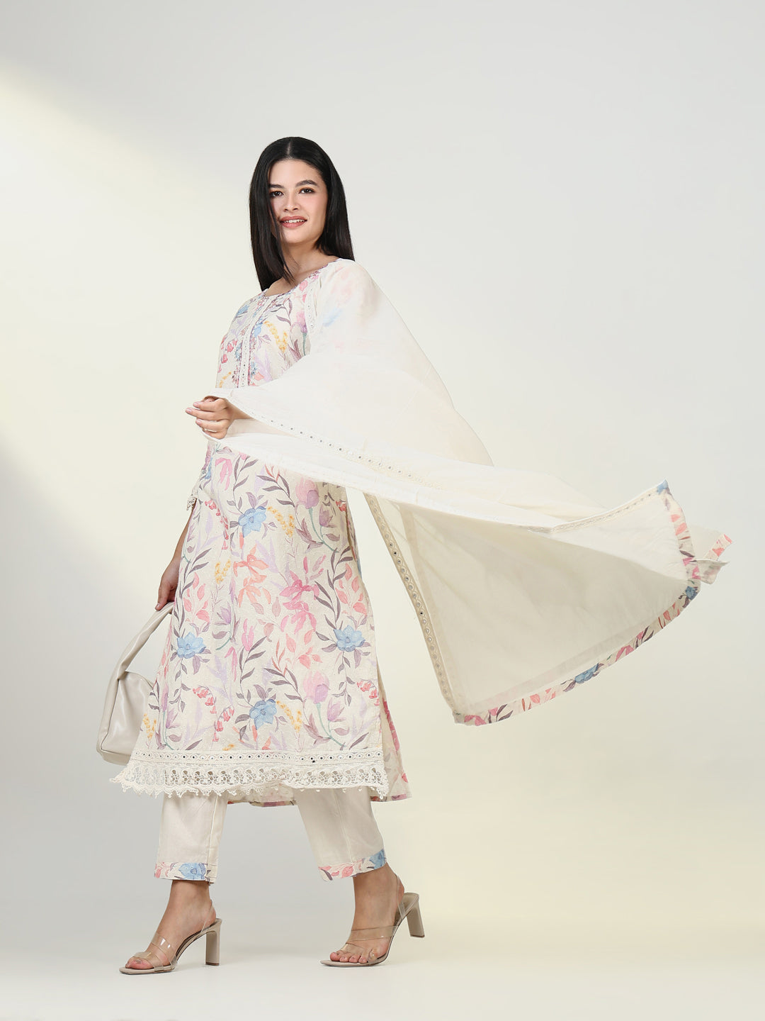 Women Floral Cream Kurta Set with Dupatta