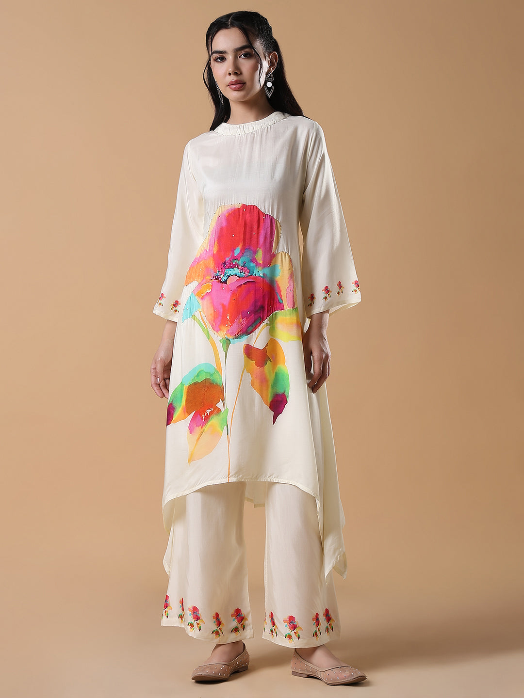 Women Floral A-Line Sequinned Cream Kurta Set