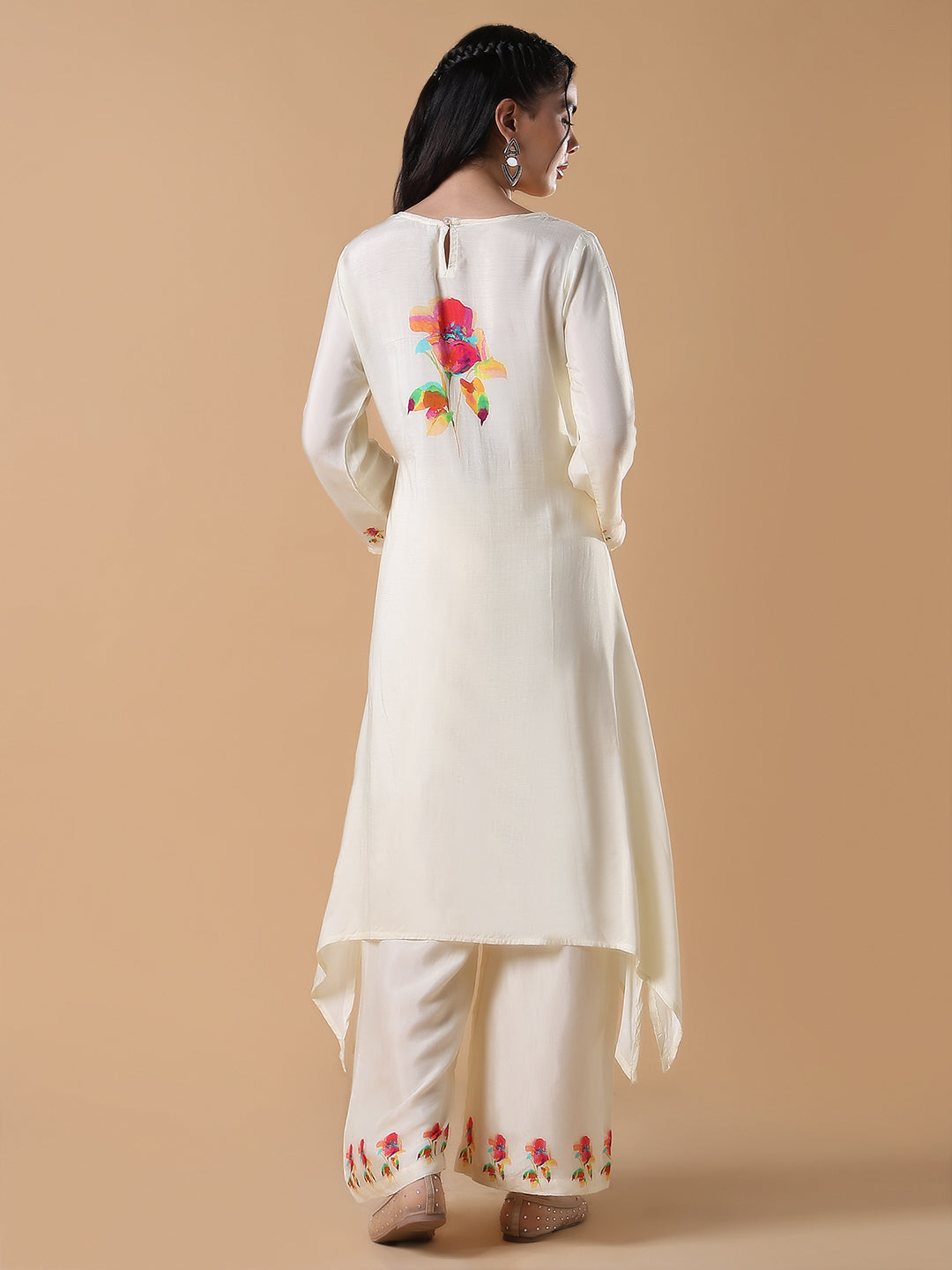 Women Floral A-Line Sequinned Cream Kurta Set