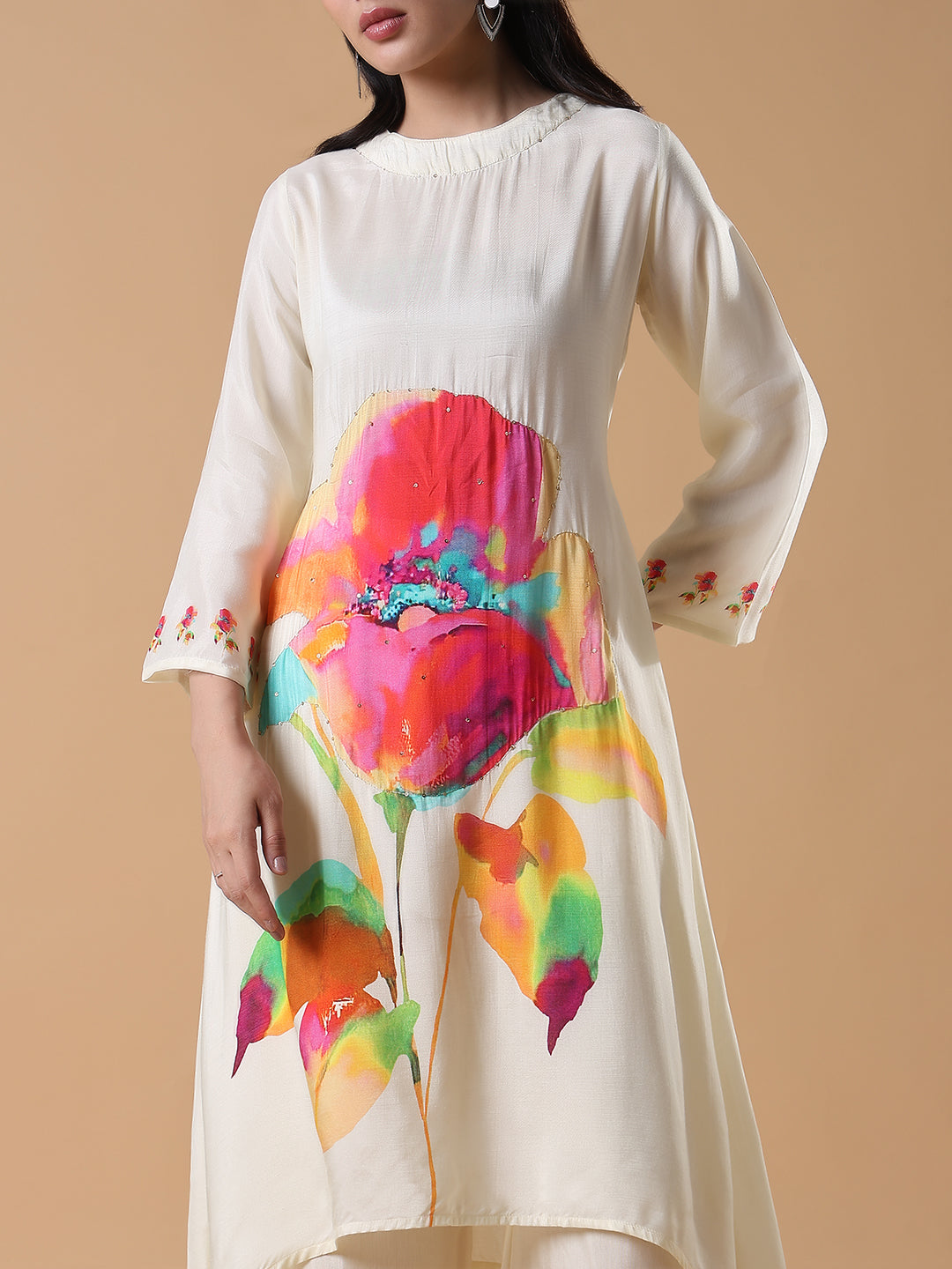 Women Floral A-Line Sequinned Cream Kurta Set