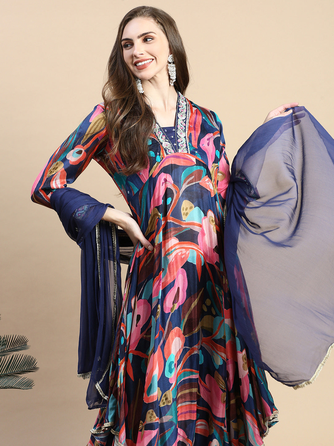 Women Floral Navy Blue Anarkali Kurta Set with Dupatta