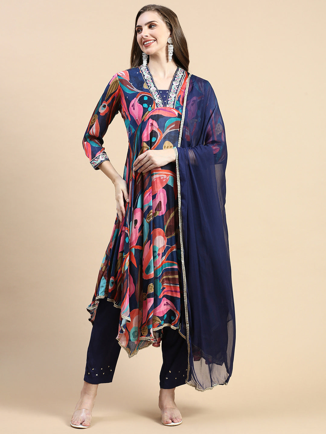 Women Floral Navy Blue Anarkali Kurta Set with Dupatta