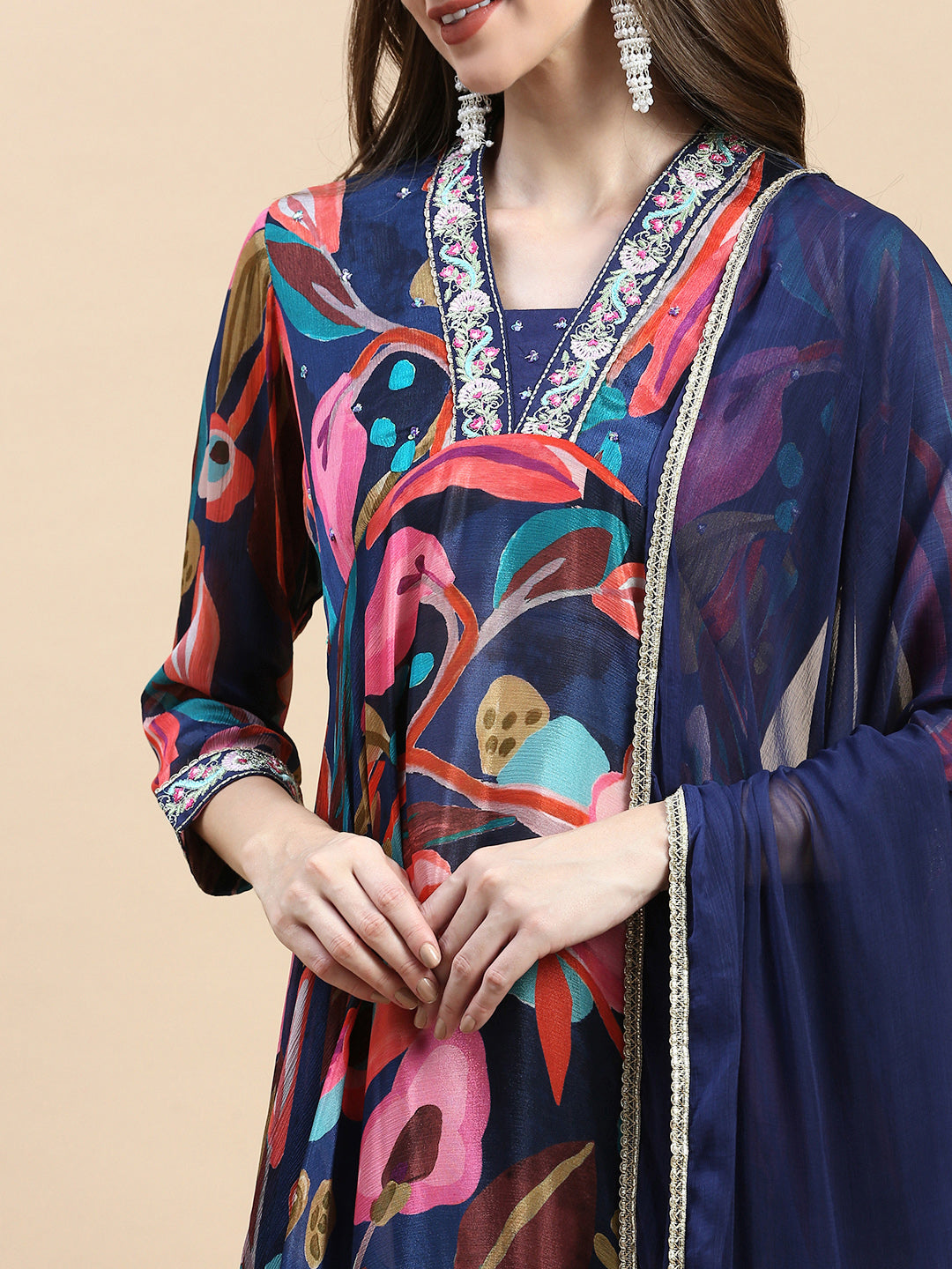 Women Floral Navy Blue Anarkali Kurta Set with Dupatta