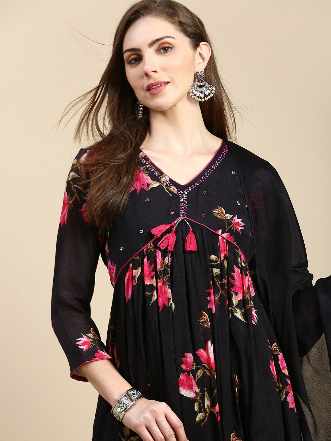 Women Floral Black Anarkali Kurta Set with Dupatta