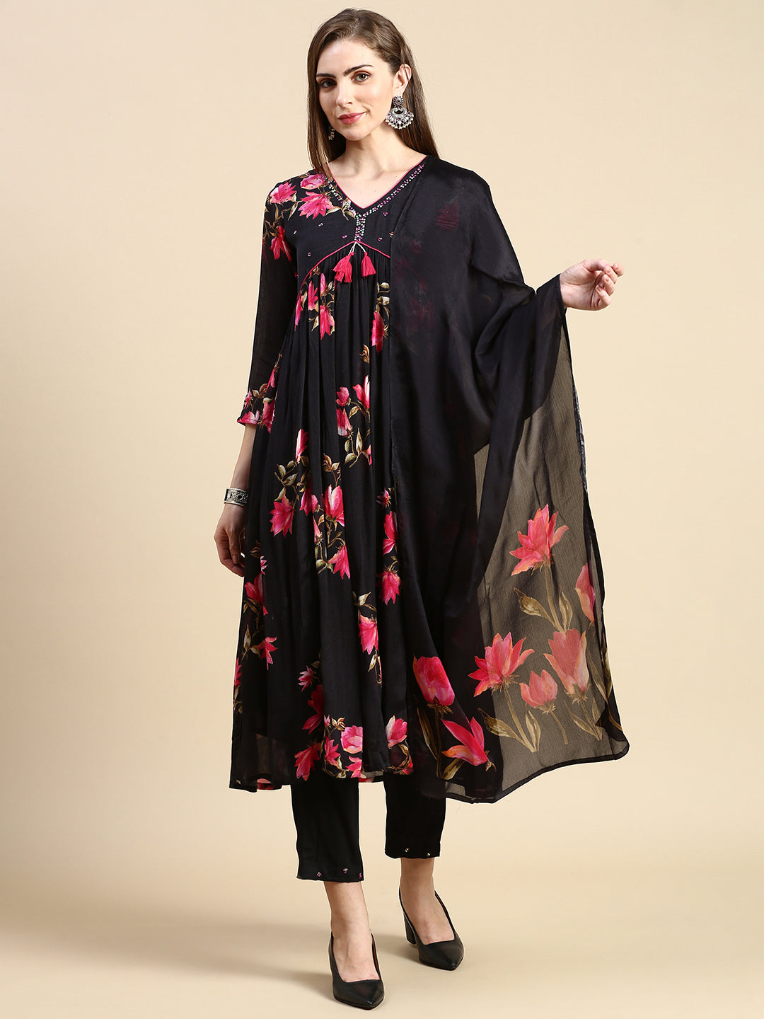 Women Floral Black Anarkali Kurta Set with Dupatta