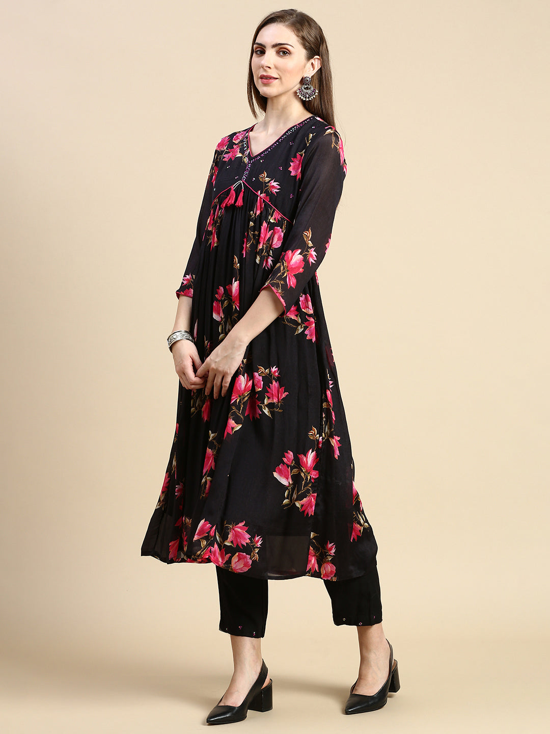 Women Floral Black Anarkali Kurta Set with Dupatta