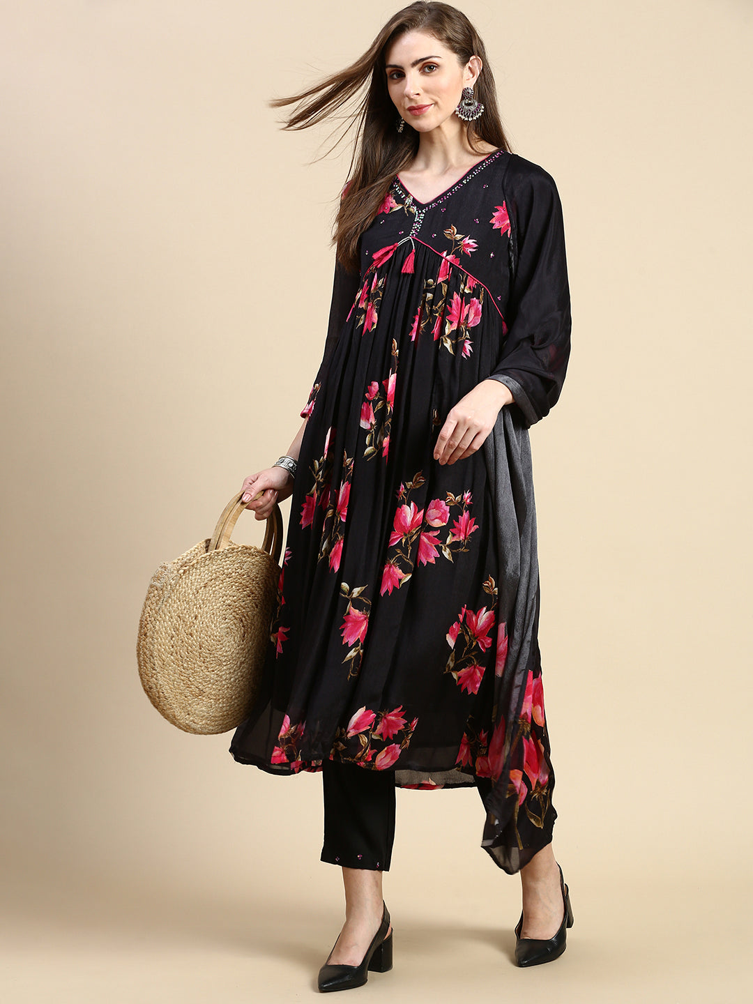 Women Floral Black Anarkali Kurta Set with Dupatta