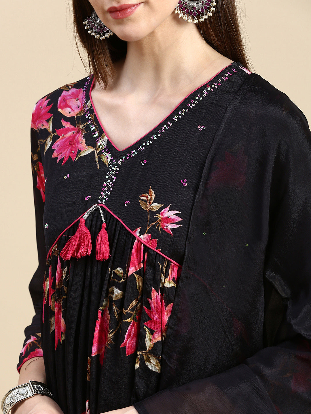 Women Floral Black Anarkali Kurta Set with Dupatta