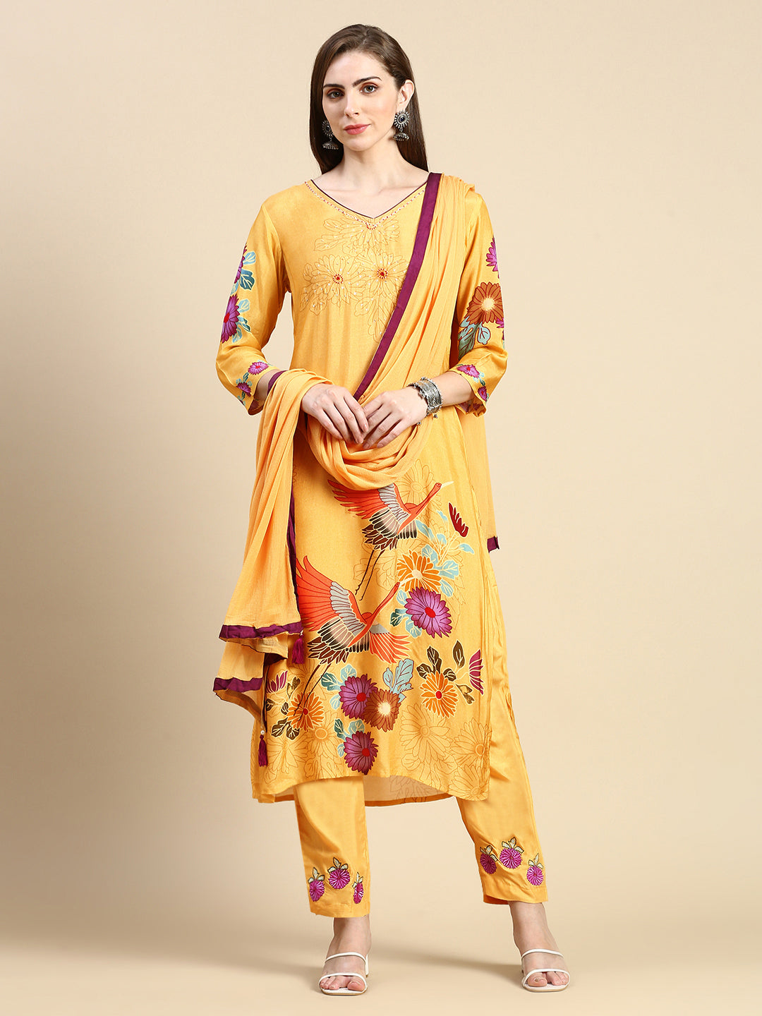 Women Floral Mustard Straight Kurta Set with Dupatta