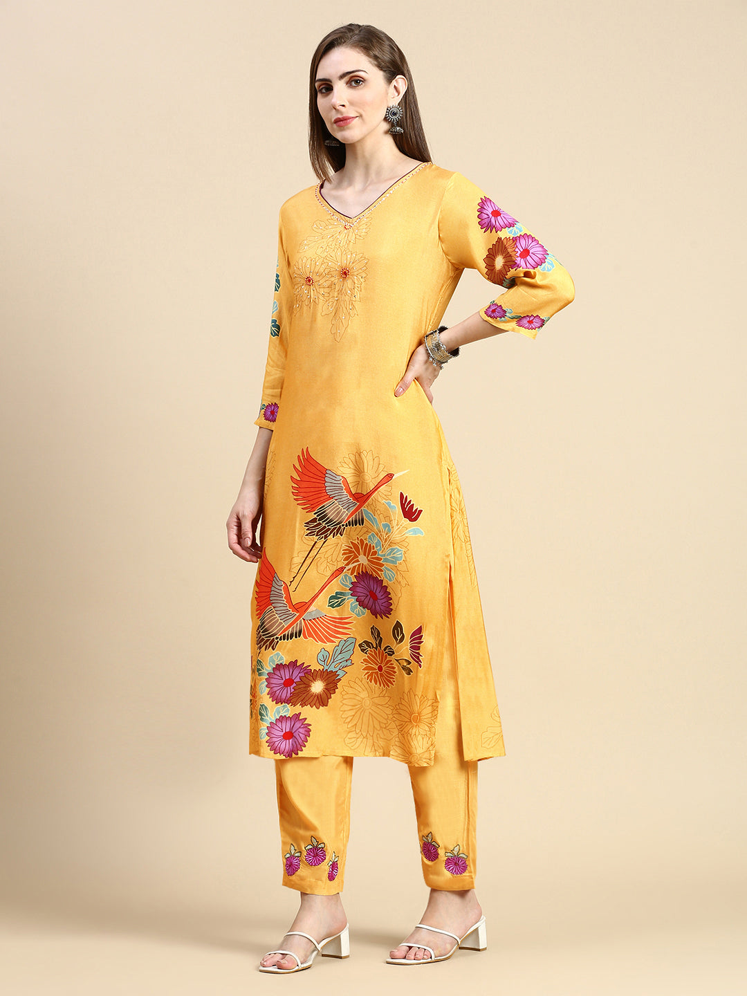 Women Floral Mustard Straight Kurta Set with Dupatta