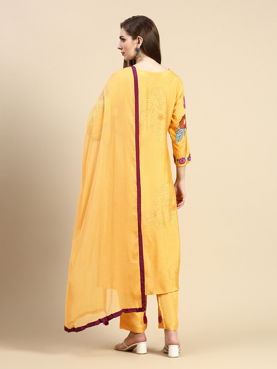 Women Floral Mustard Straight Kurta Set with Dupatta