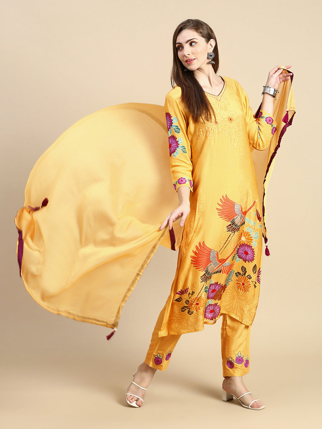 Women Floral Mustard Straight Kurta Set with Dupatta