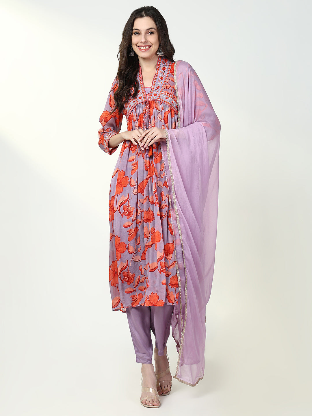 Women Floral Lavender Anarkali Kurta Set with Dupatta