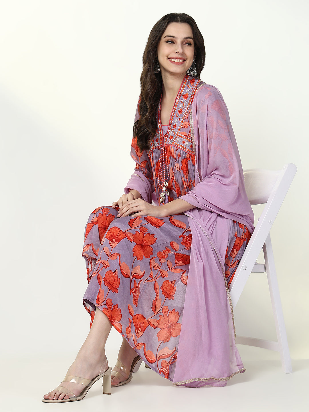 Women Floral Lavender Anarkali Kurta Set with Dupatta