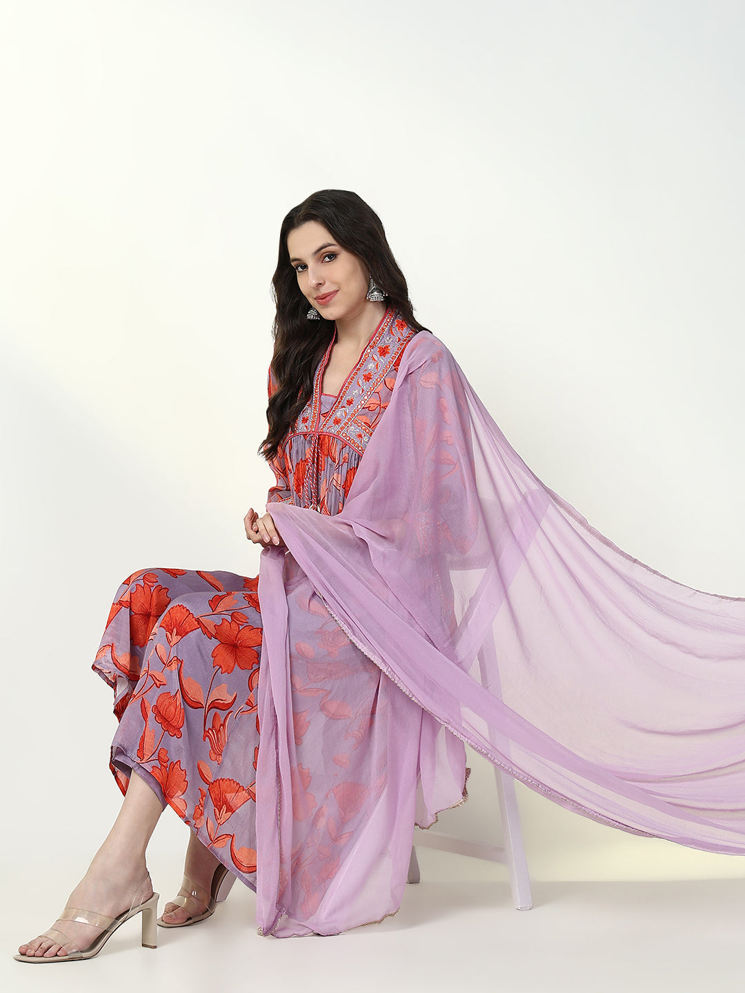 Women Floral Lavender Anarkali Kurta Set with Dupatta