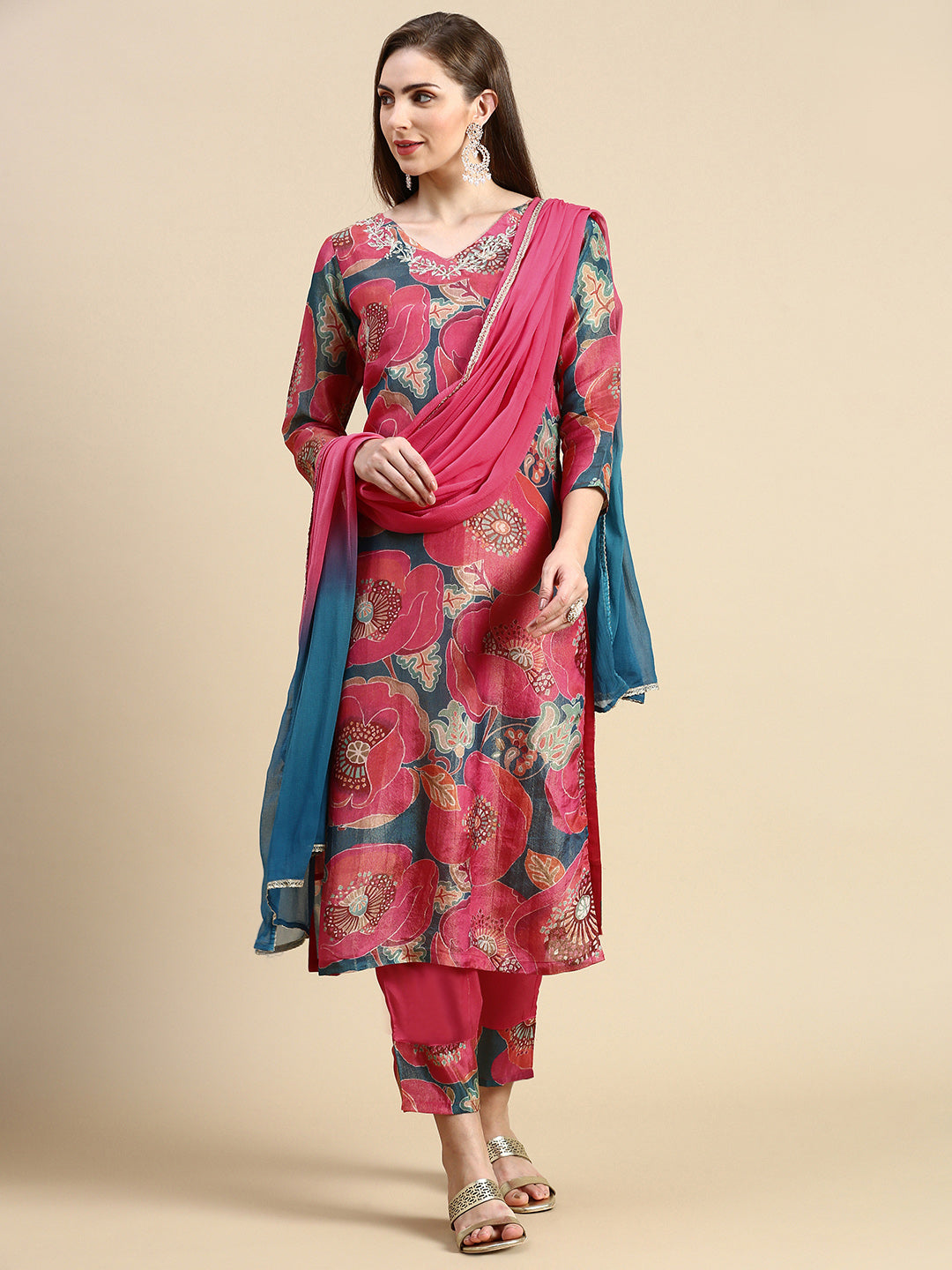 Women Floral Coral Straight Kurta Set with Dupatta