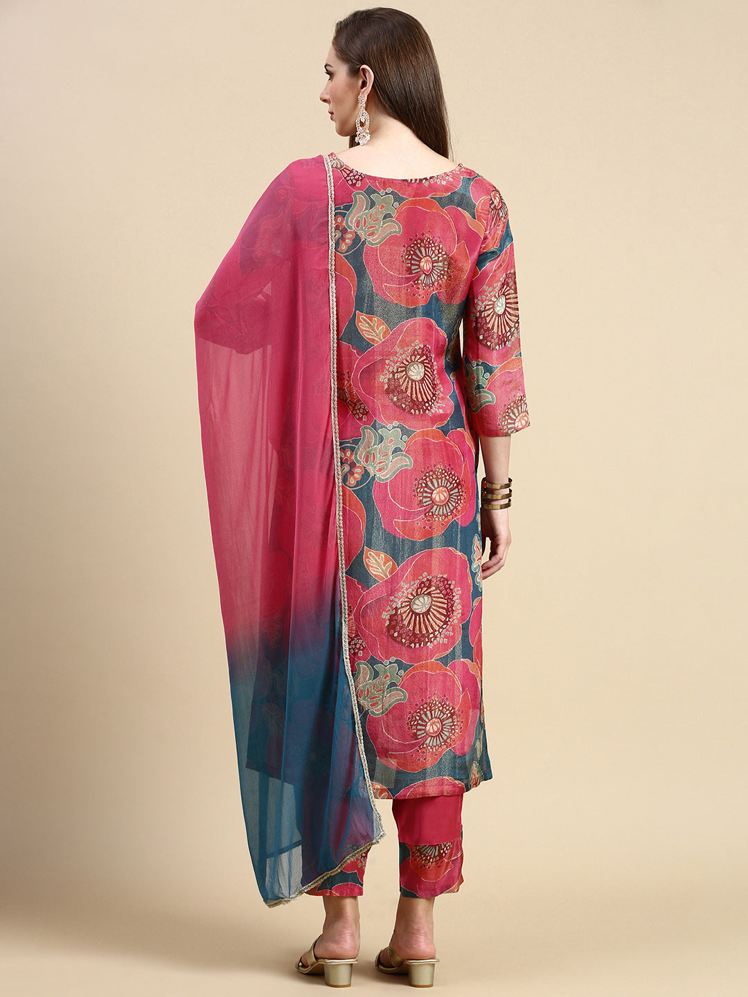 Women Floral Coral Straight Kurta Set with Dupatta