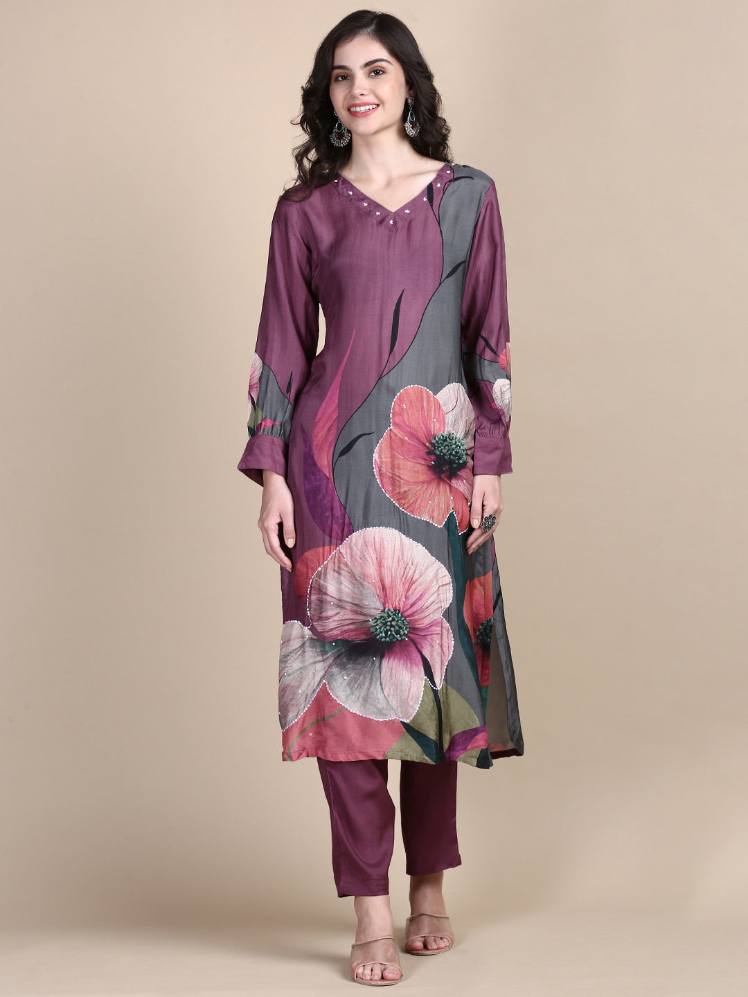 Women Floral Purple Straight Kurta Set