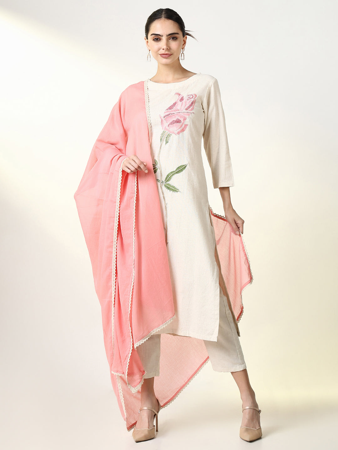 Women Solid Off White Straight Kurta Set with Dupatta