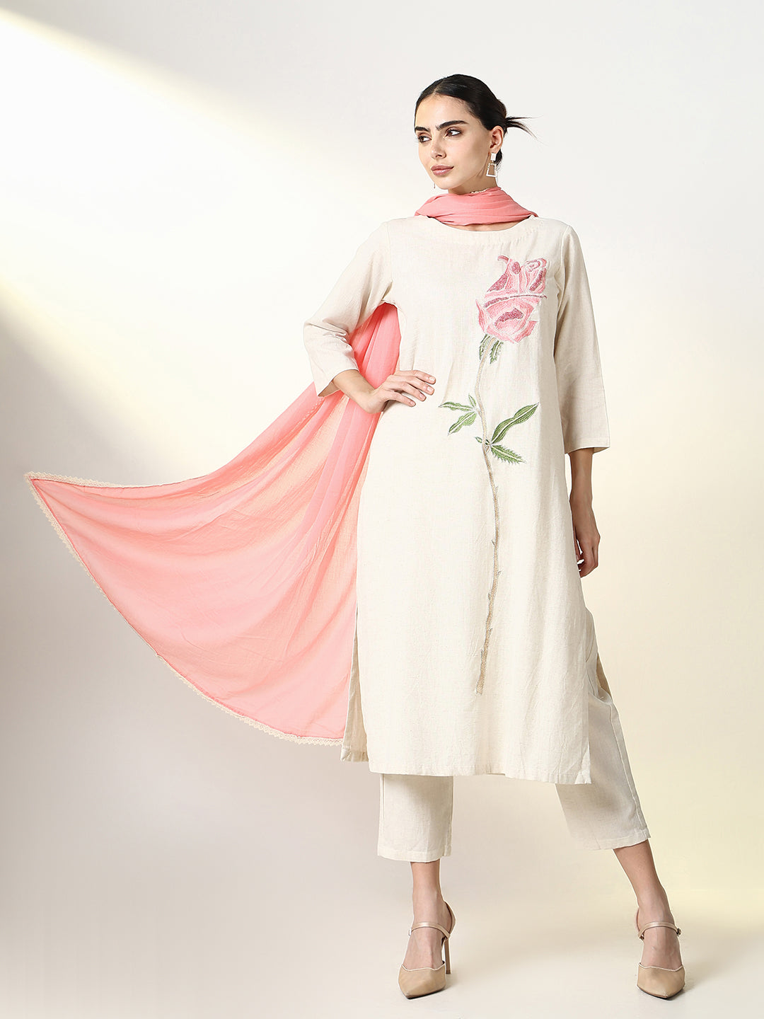 Women Solid Off White Straight Kurta Set with Dupatta