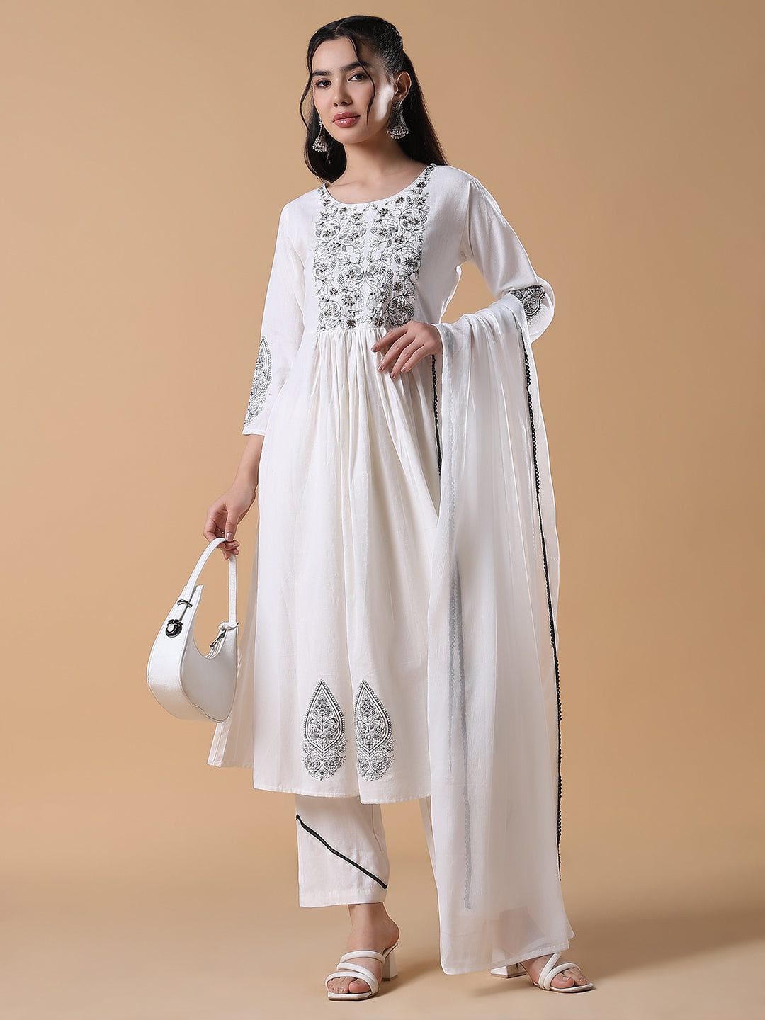 Women Floral Anarkali White & Black Kurta Set with Dupatta