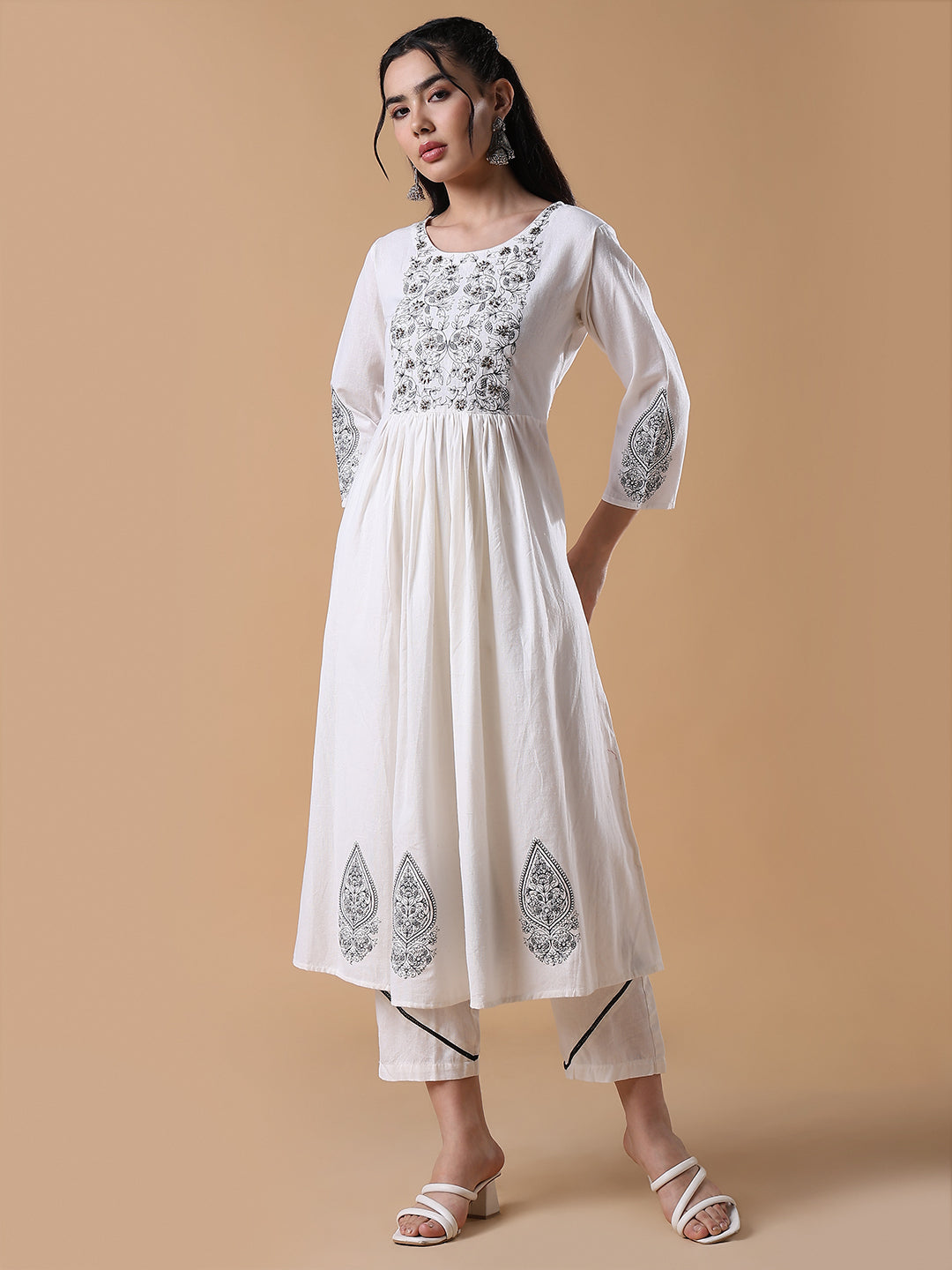 Women Floral Anarkali White & Black Kurta Set with Dupatta