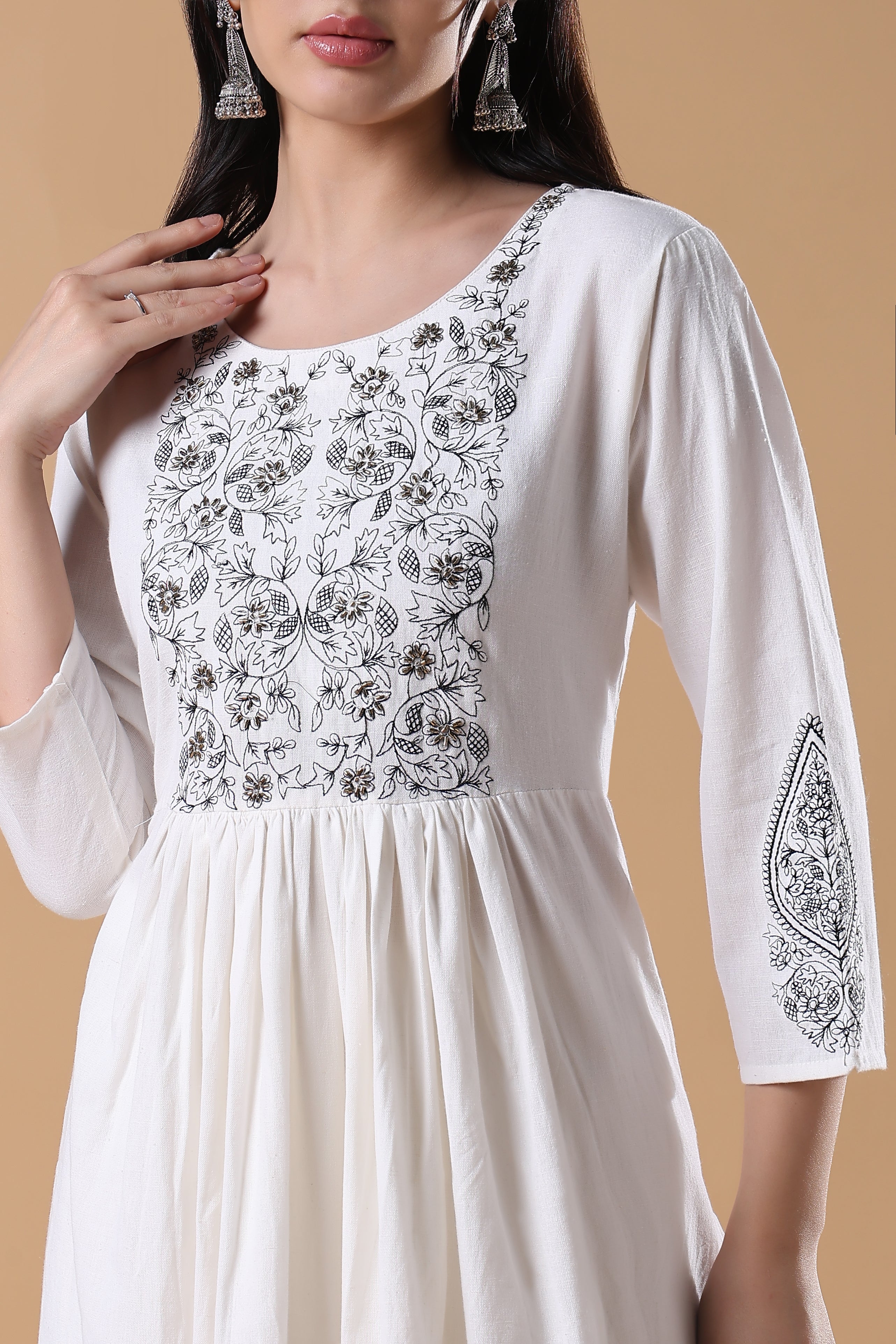 Women Floral Anarkali White & Black Kurta Set with Dupatta