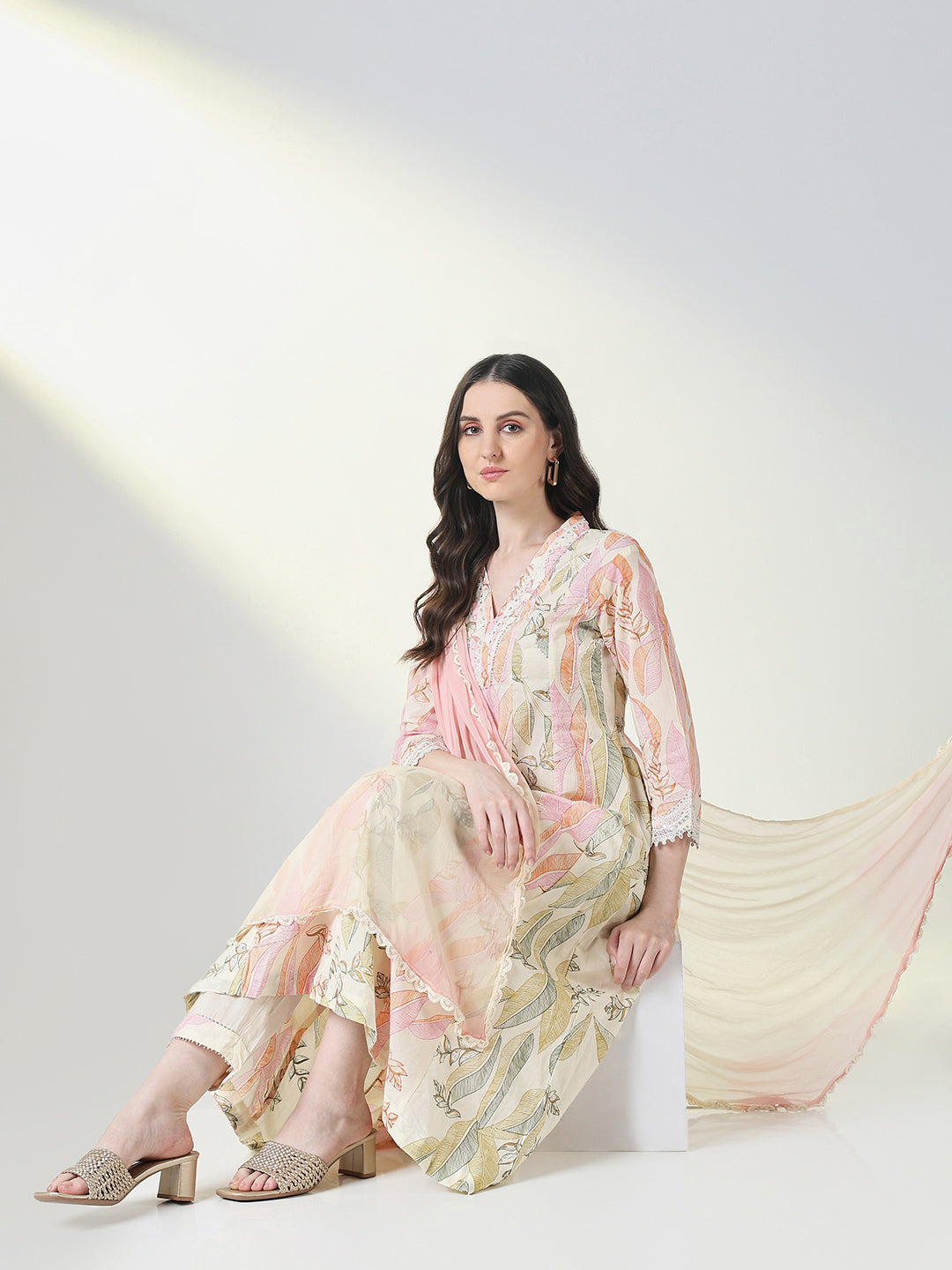 Women Cream Floral A Line Kurta Set with Dupatta