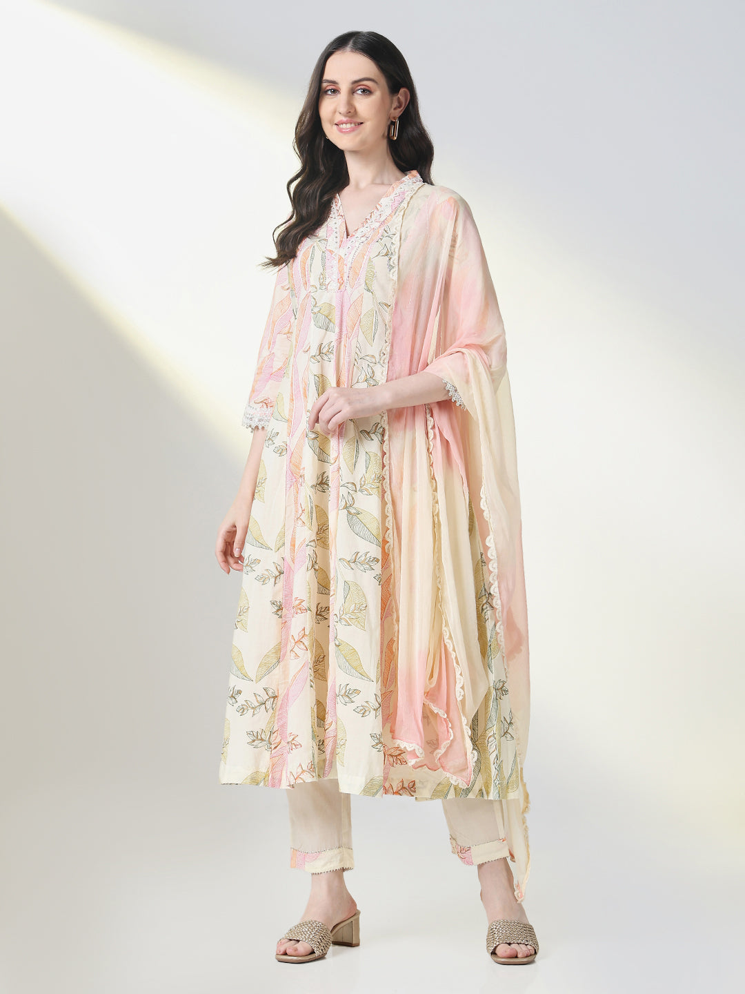 Women Cream Floral A Line Kurta Set with Dupatta