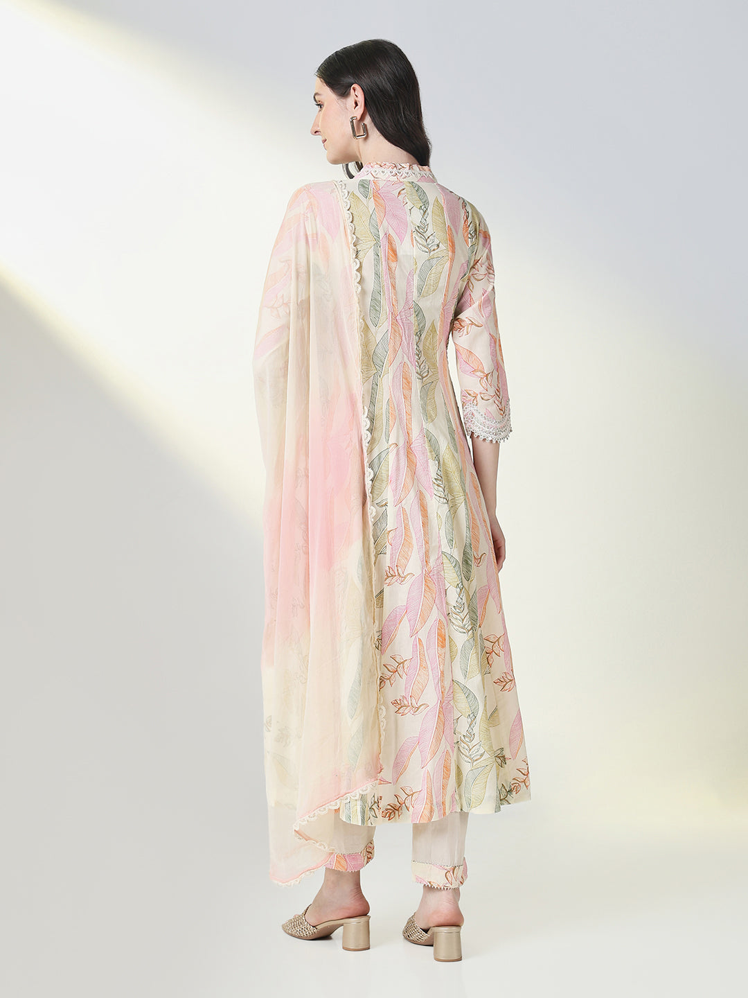 Women Cream Floral A Line Kurta Set with Dupatta