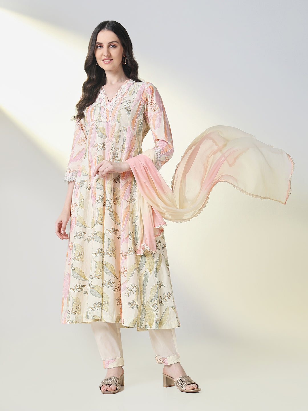 Women Cream Floral A Line Kurta Set with Dupatta