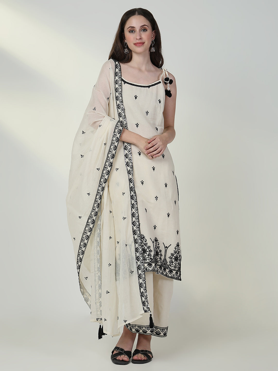 Women Embroidered Cream Straight Kurta Set with Dupatta