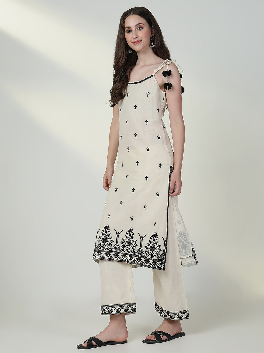 Women Embroidered Cream Straight Kurta Set with Dupatta