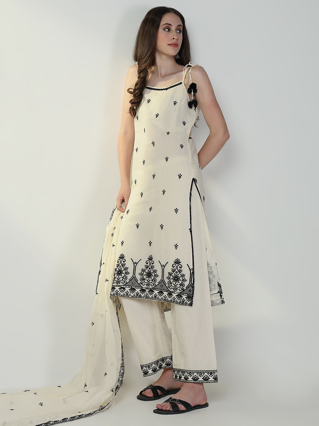 Women Embroidered Cream Straight Kurta Set with Dupatta