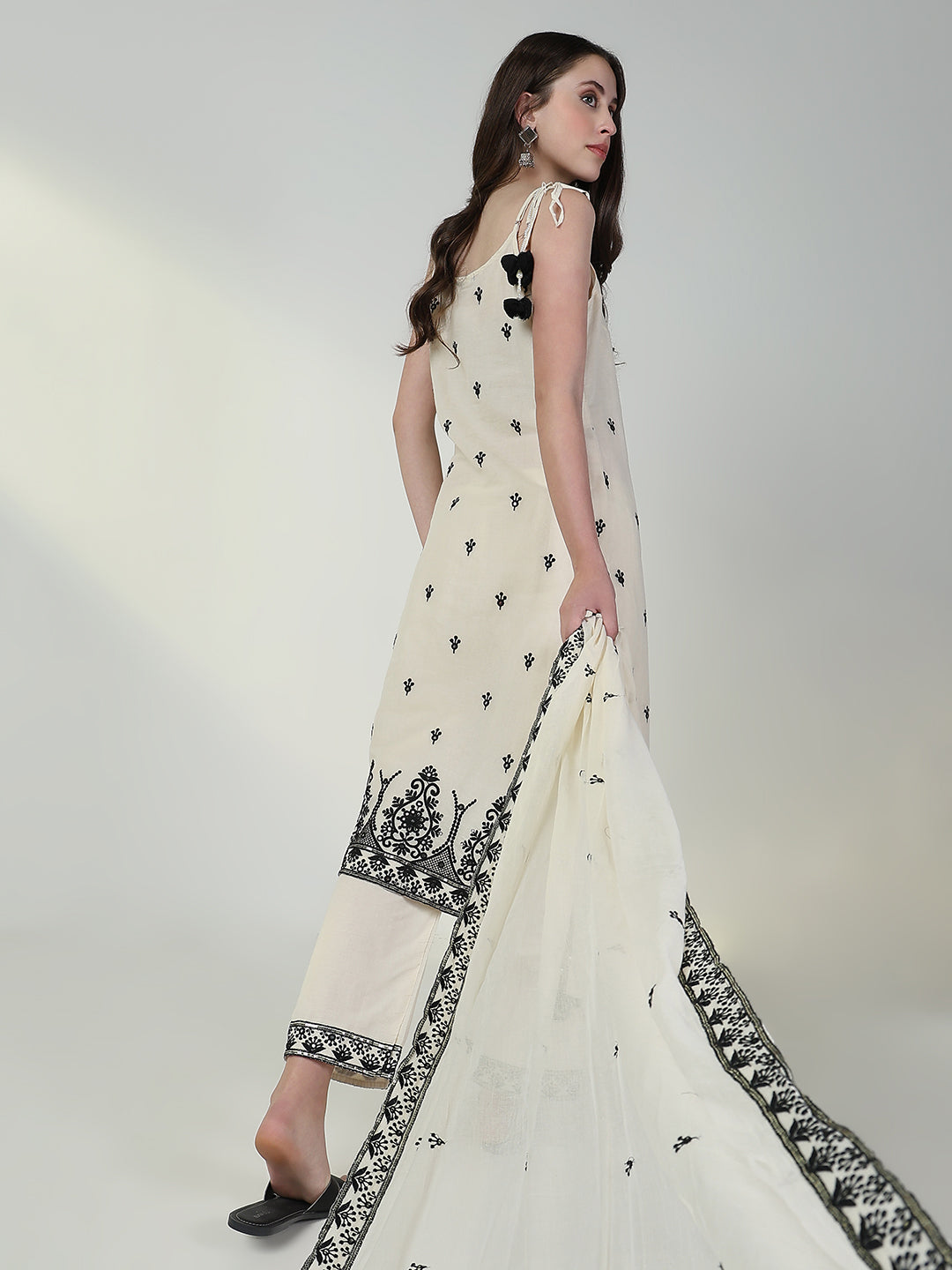 Women Embroidered Cream Straight Kurta Set with Dupatta