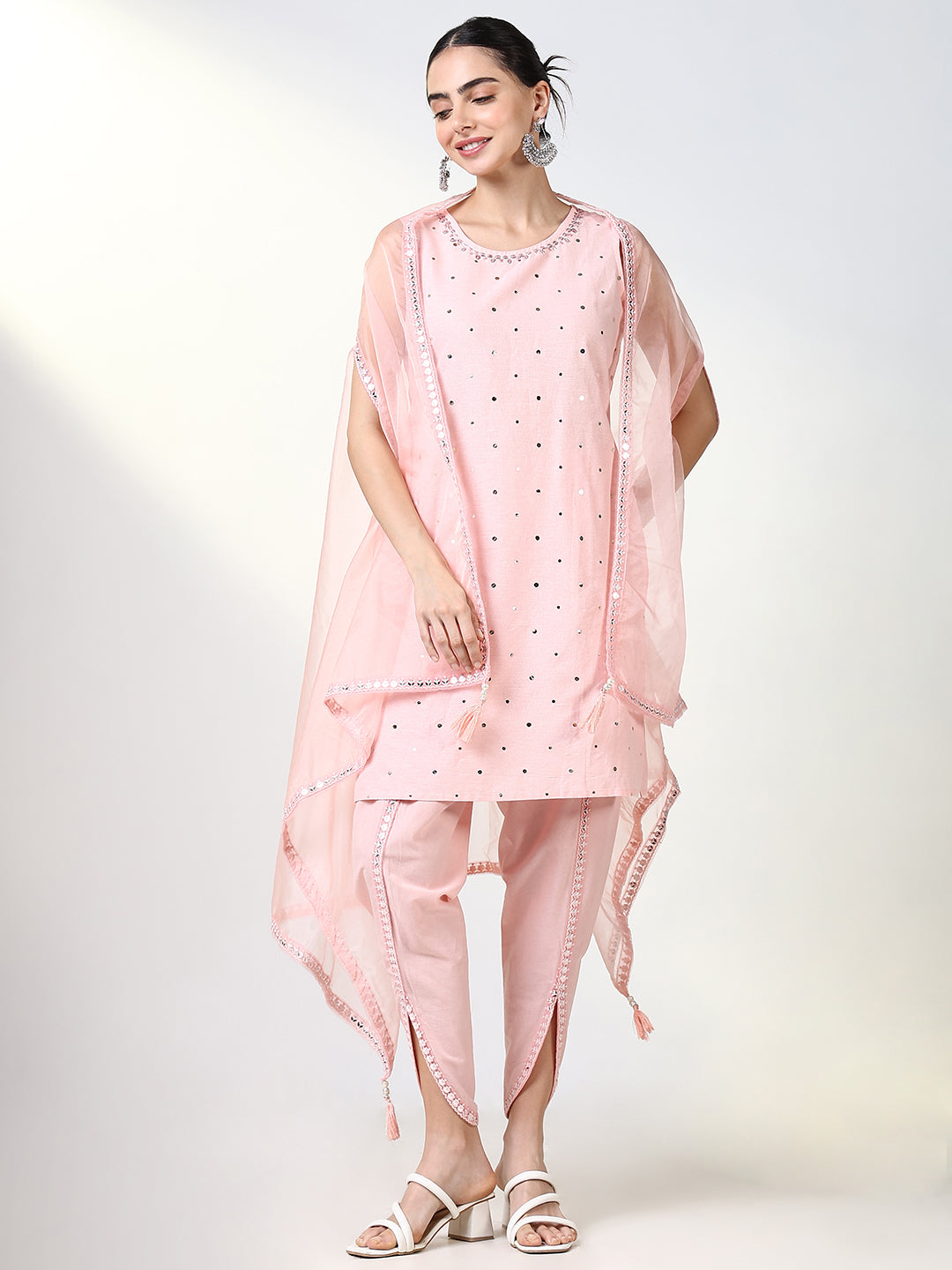 Women Solid Peach Straight Kurta Set with Overcoat