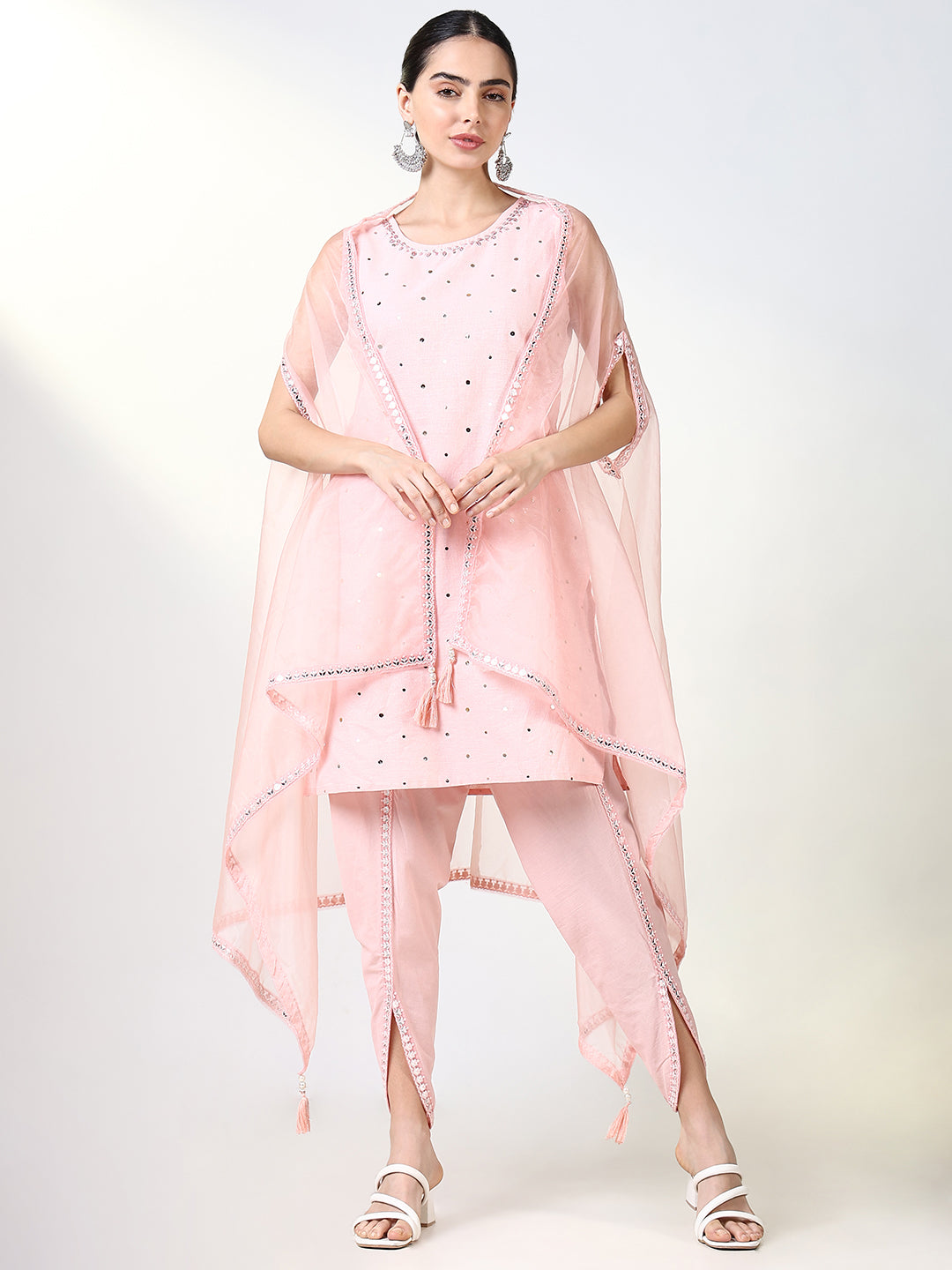 Women Solid Peach Straight Kurta Set with Overcoat