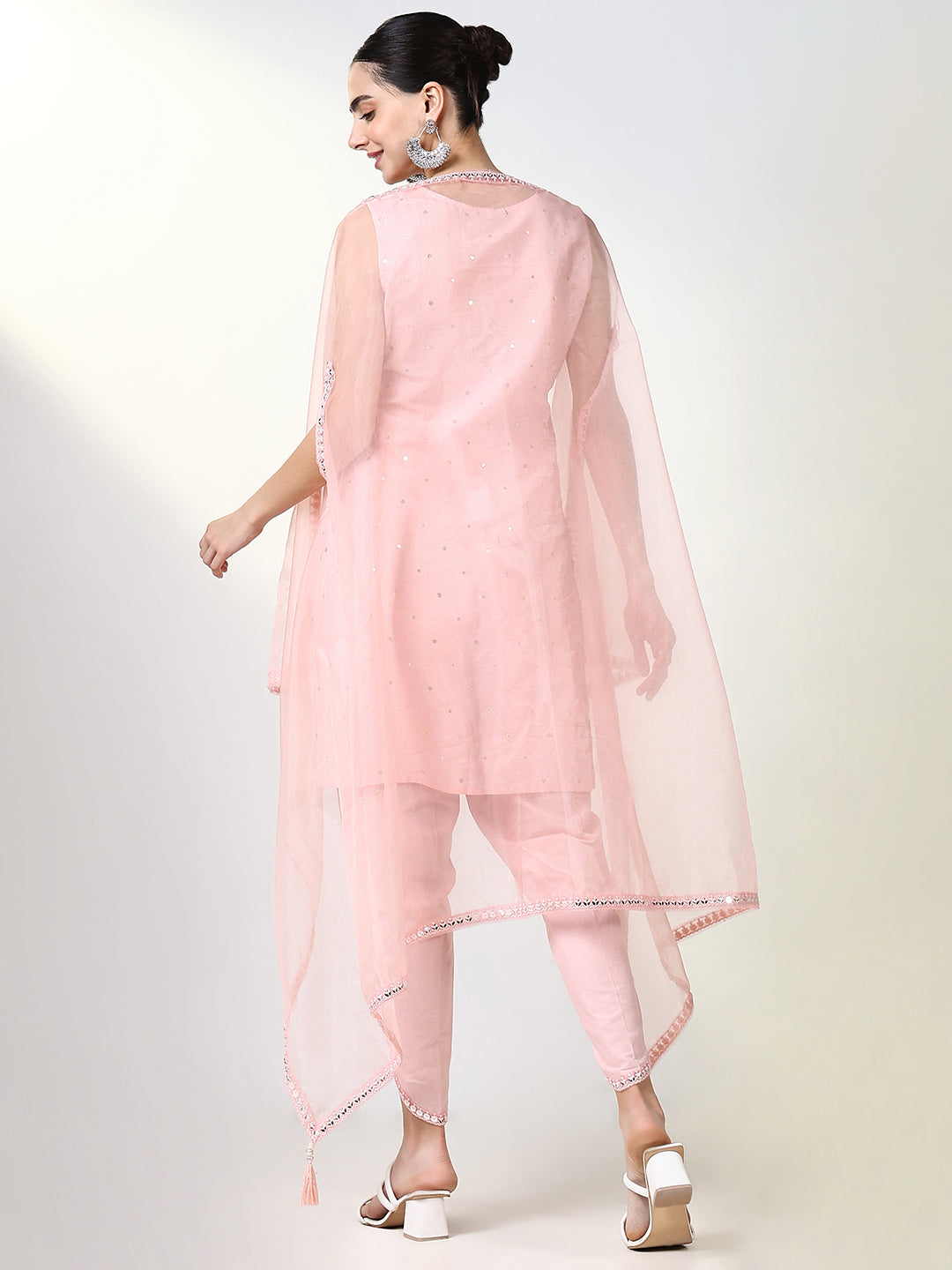 Women Solid Peach Straight Kurta Set with Overcoat