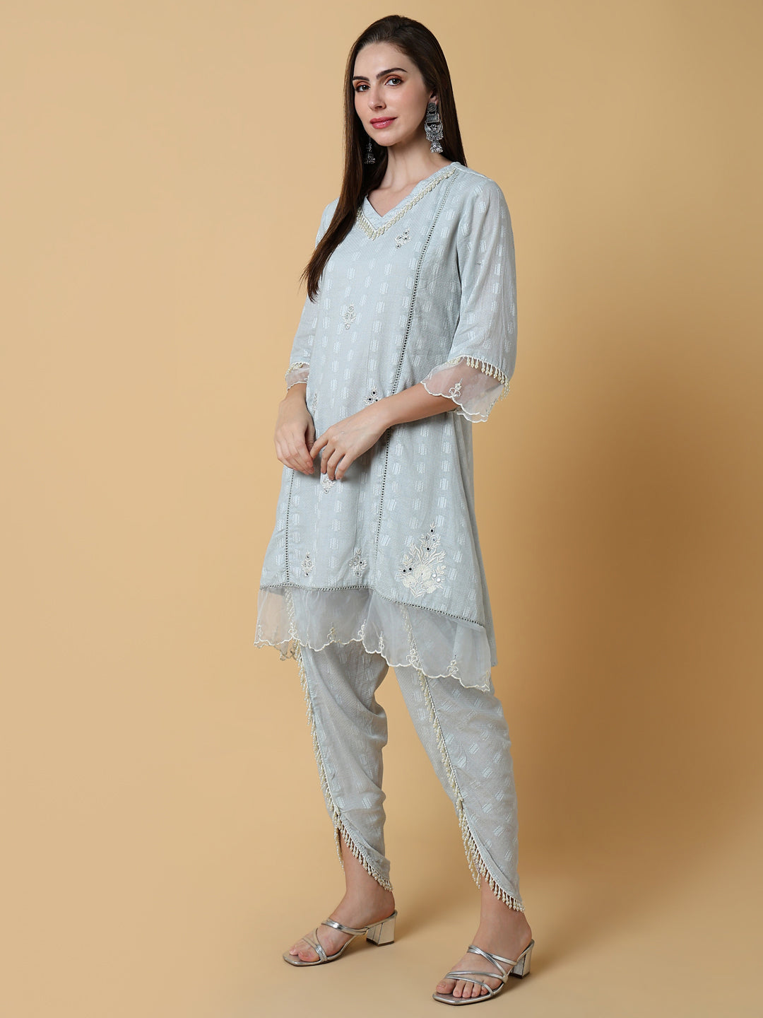 Women Solid Grey A-Line Kurta Set with Dupatta